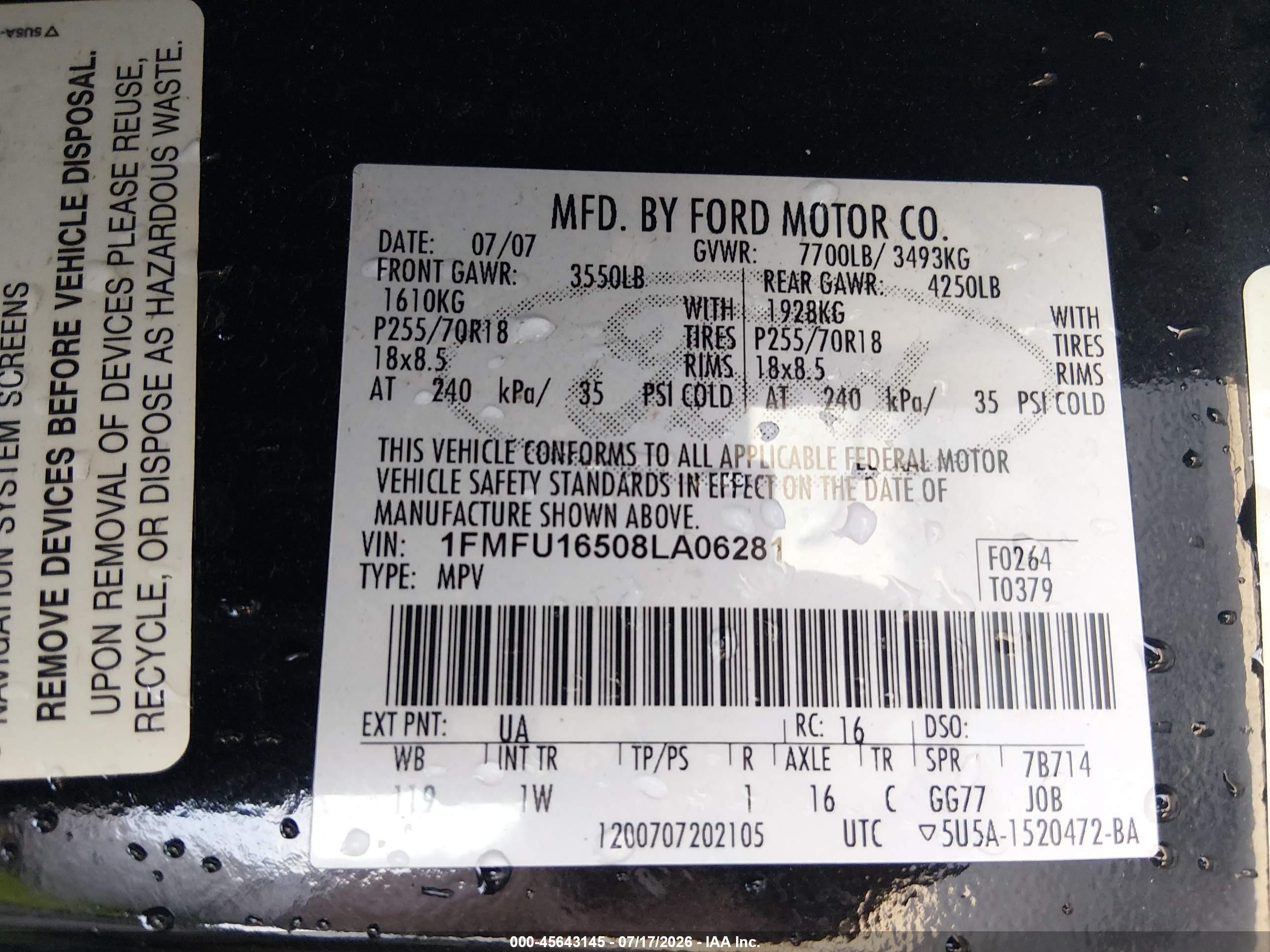 2008 Ford Expedition Xlt Black vin: 1FMFU16508LA06281