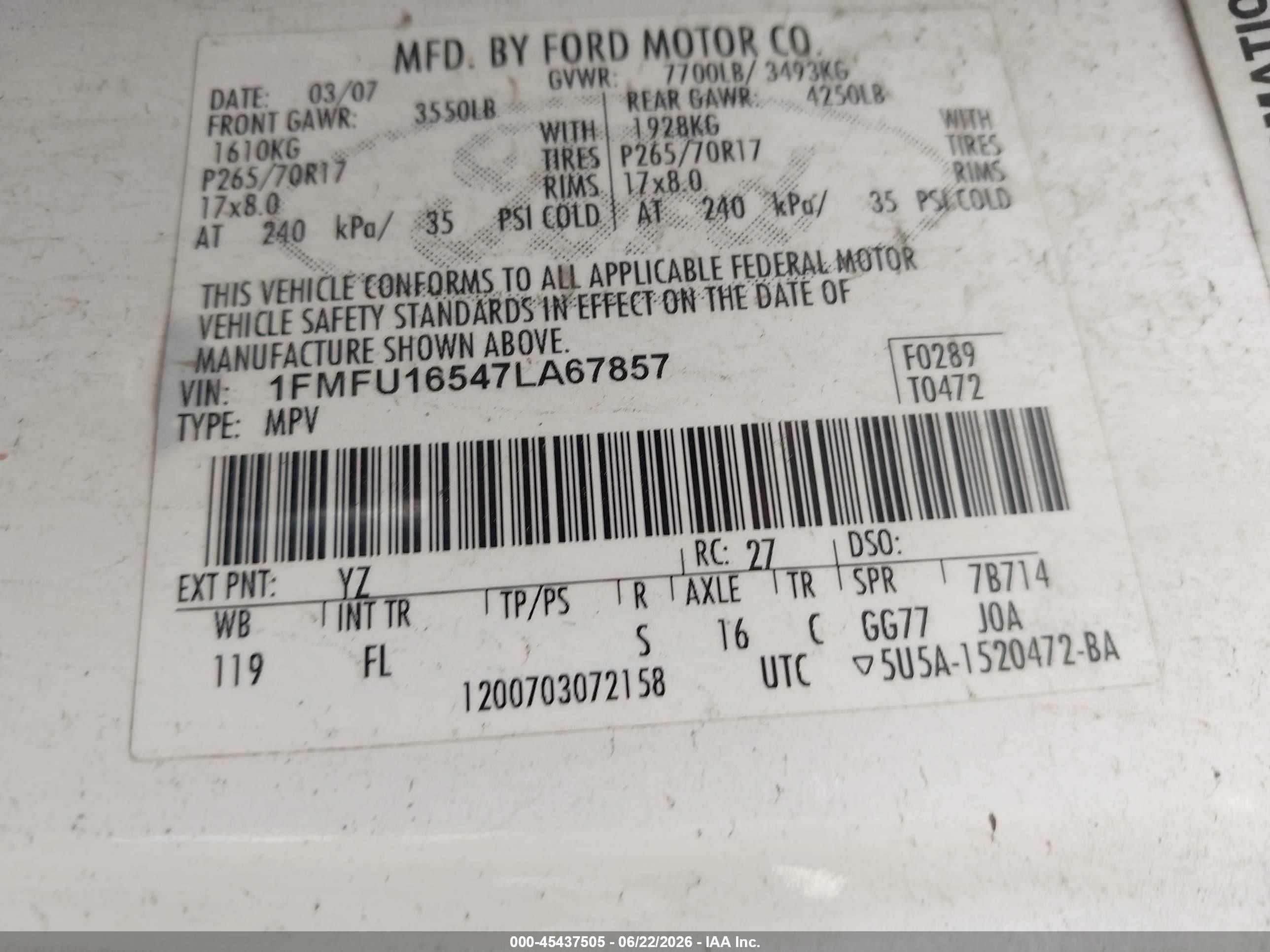 2007 Ford Expedition Xlt Белый vin: 1FMFU16547LA67857