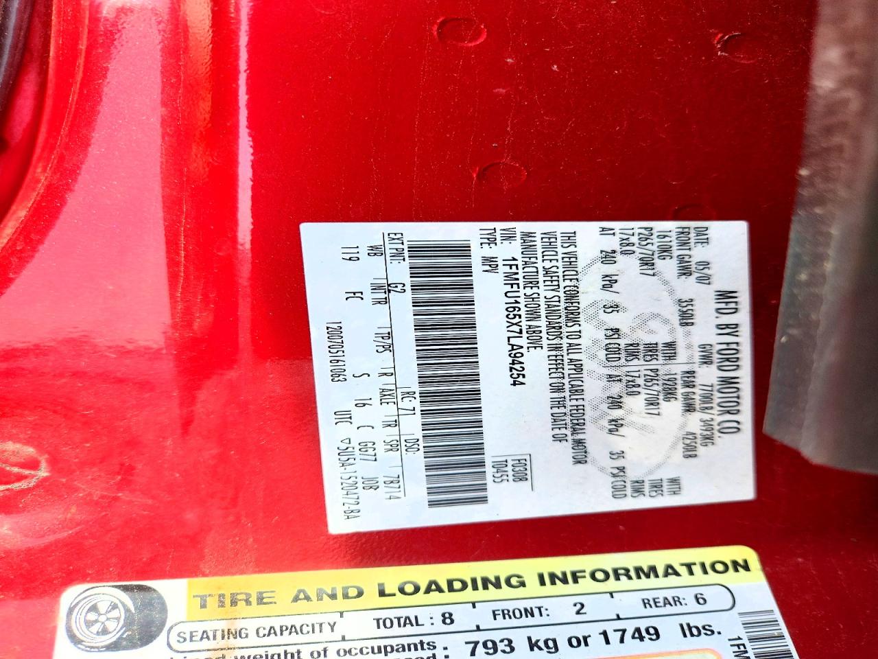 2007 Ford Expedition Xlt Red vin: 1FMFU165X7LA94254