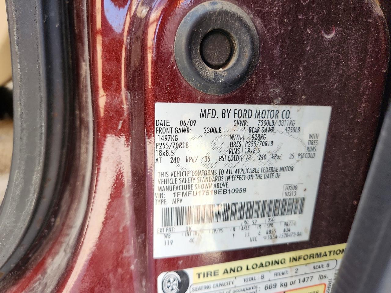 2009 Ford Expedition Eddie Bauer Maroon vin: 1FMFU17519EB10959