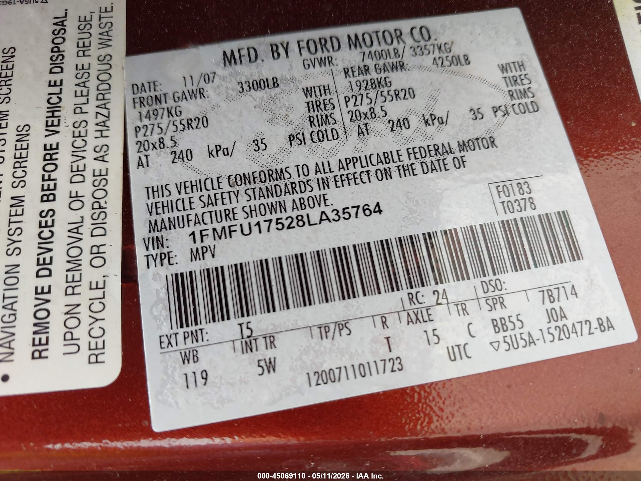 2008 Ford Expedition Eddie Bauer/king Ranch Maroon vin: 1FMFU17528LA35764