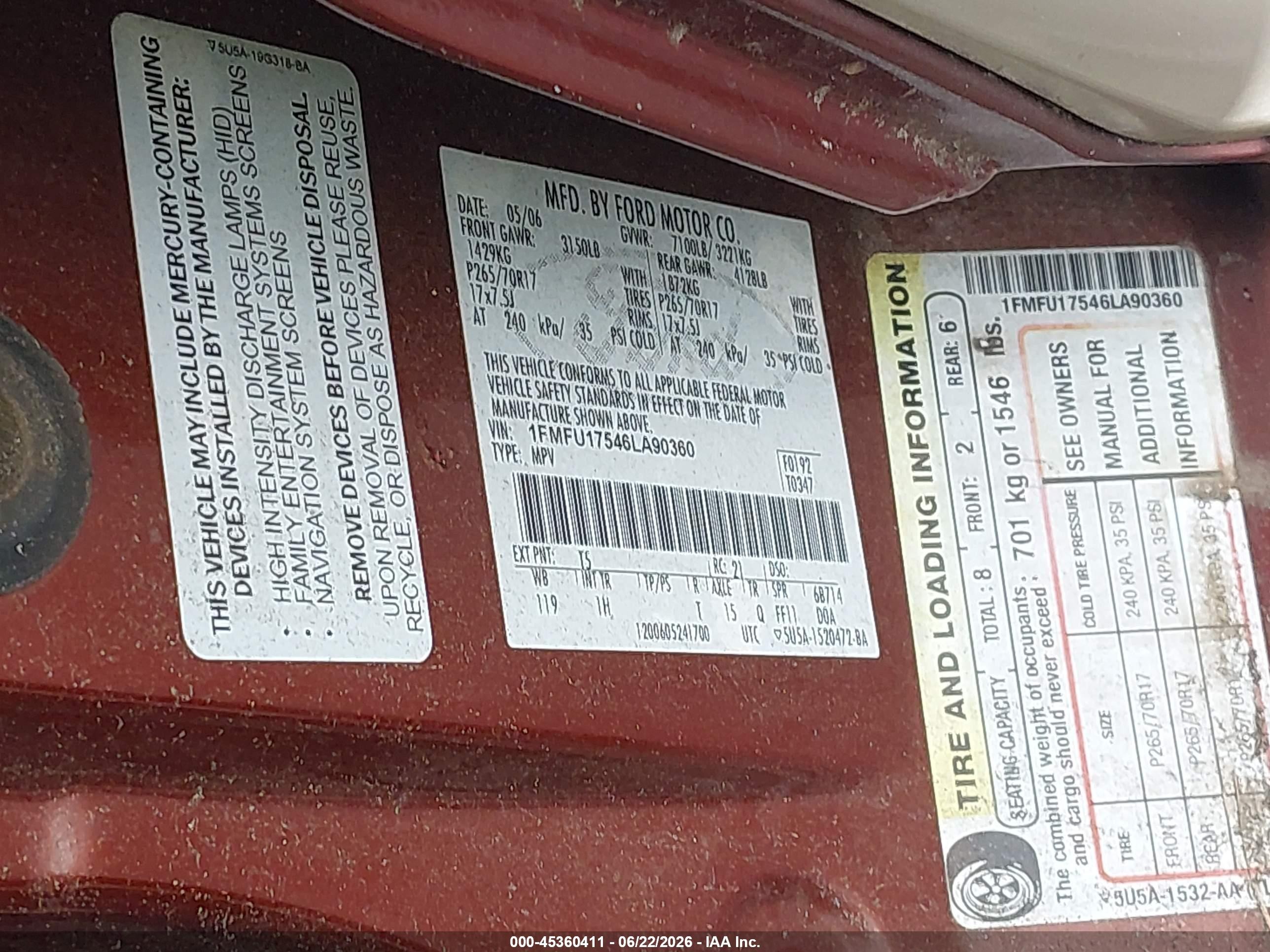 2006 Ford Expedition Eddie Bauer/king Ranch Burgundy vin: 1FMFU17546LA90360