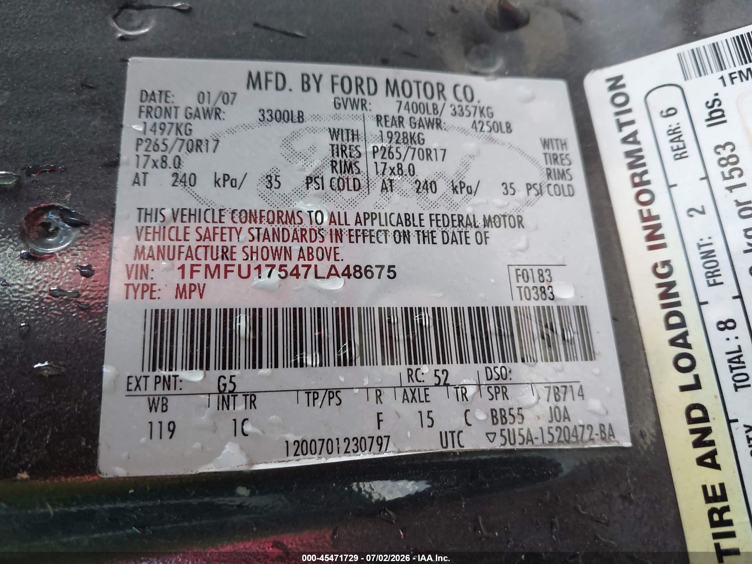 2007 Ford Expedition Eddie Bauer Black vin: 1FMFU17547LA48675