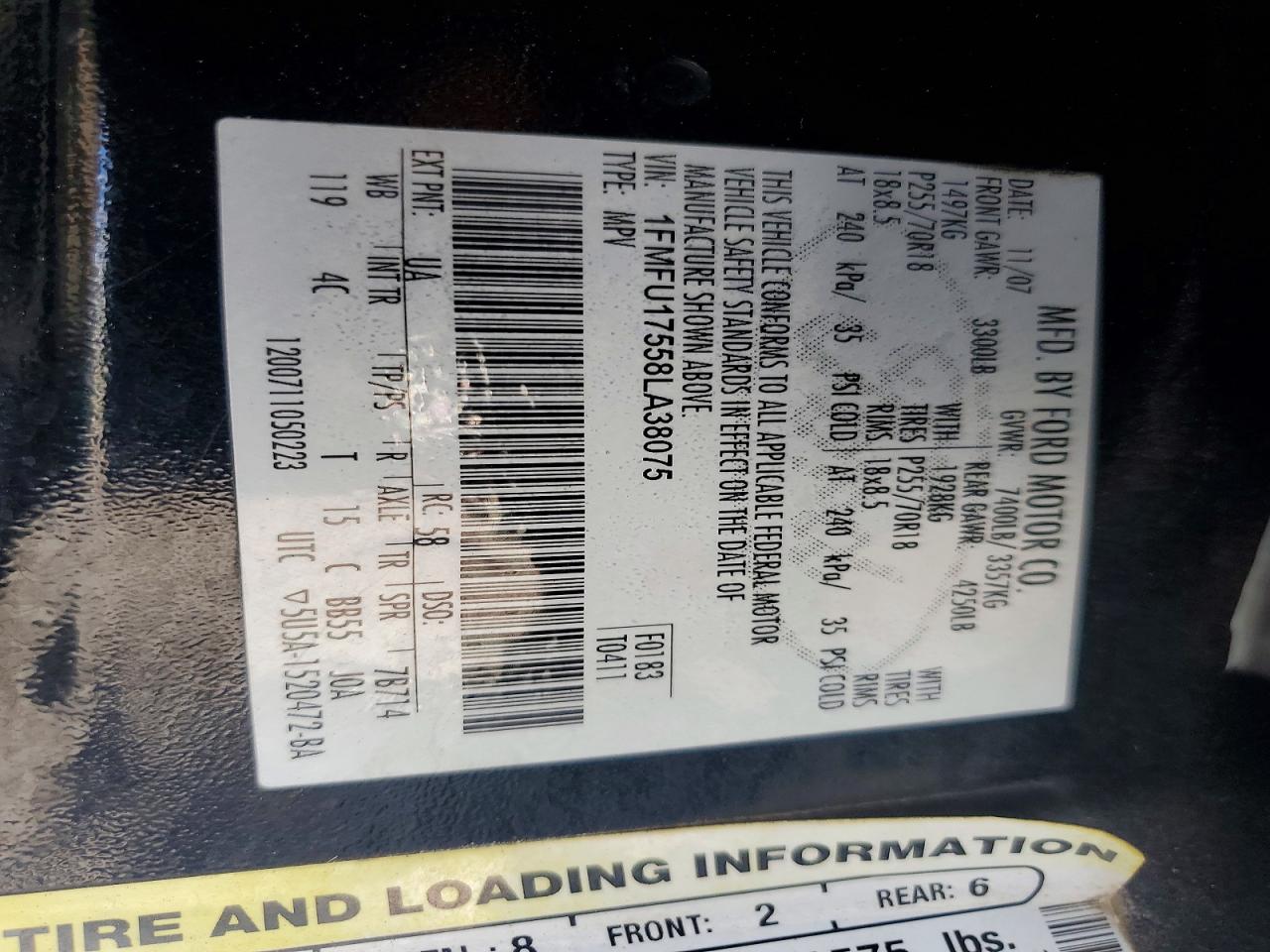 2008 Ford Expedition Eddie Bauer Black vin: 1FMFU17558LA38075