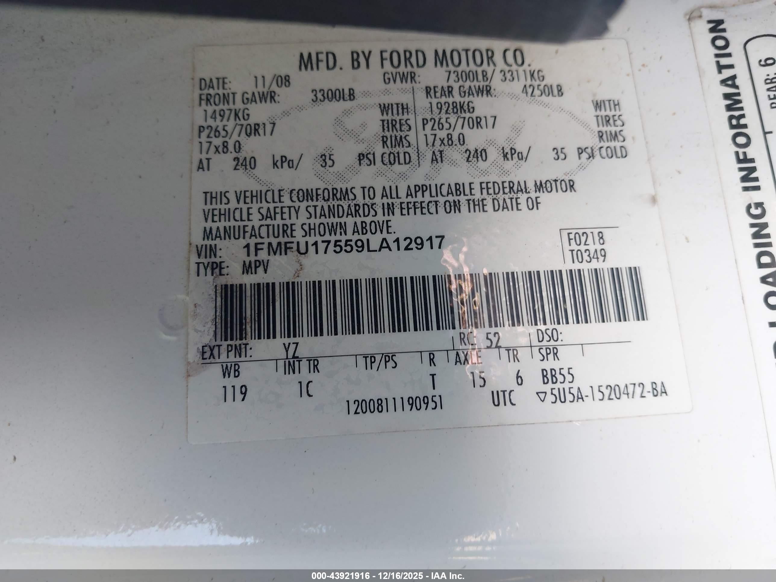 2009 Ford Expedition Eddie Bauer White vin: 1FMFU17559LA12917