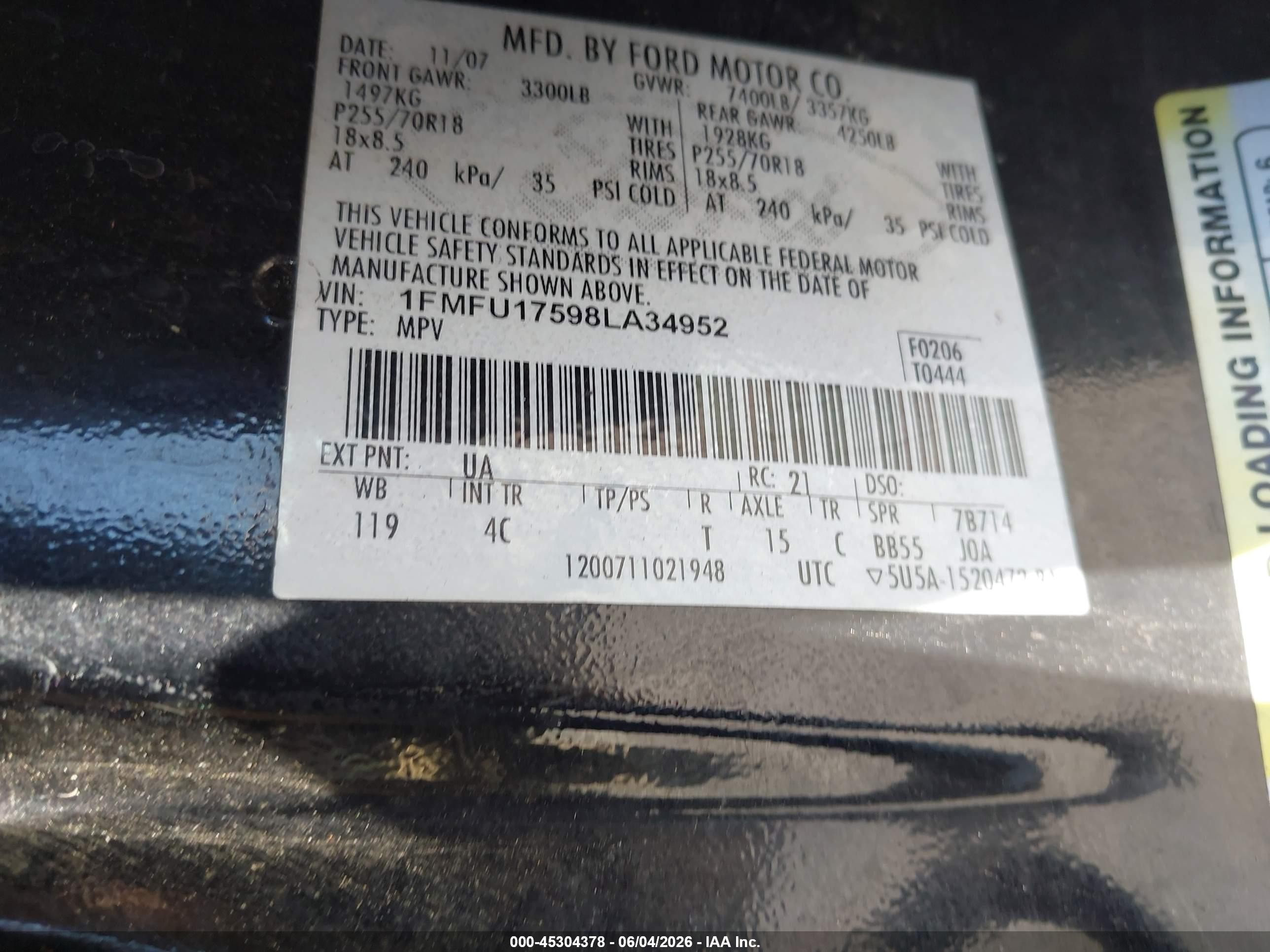 2008 Ford Expedition Eddie Bauer/king Ranch Black vin: 1FMFU17598LA34952