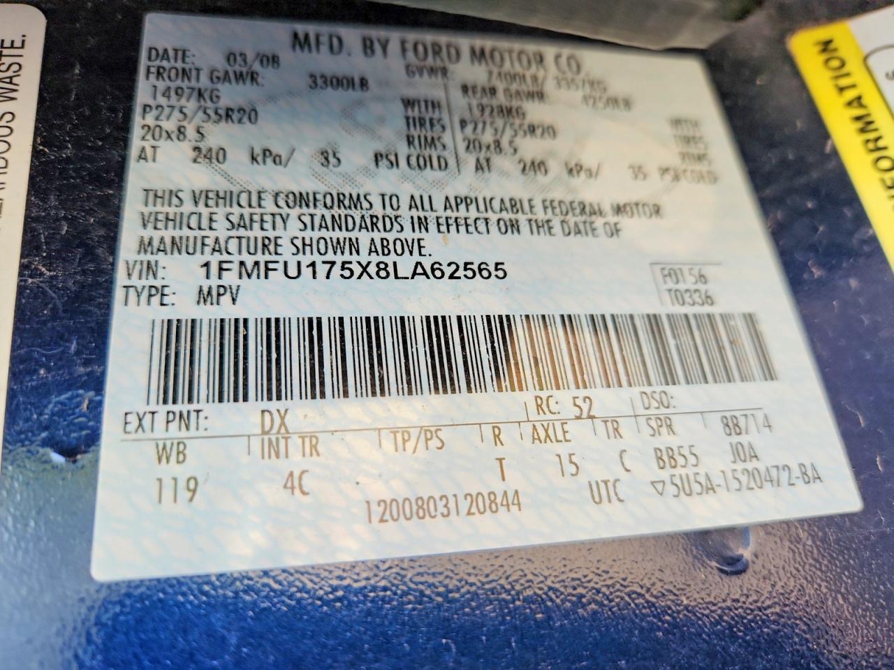 2008 Ford Expedition Eddie Bauer Blue vin: 1FMFU175X8LA62565