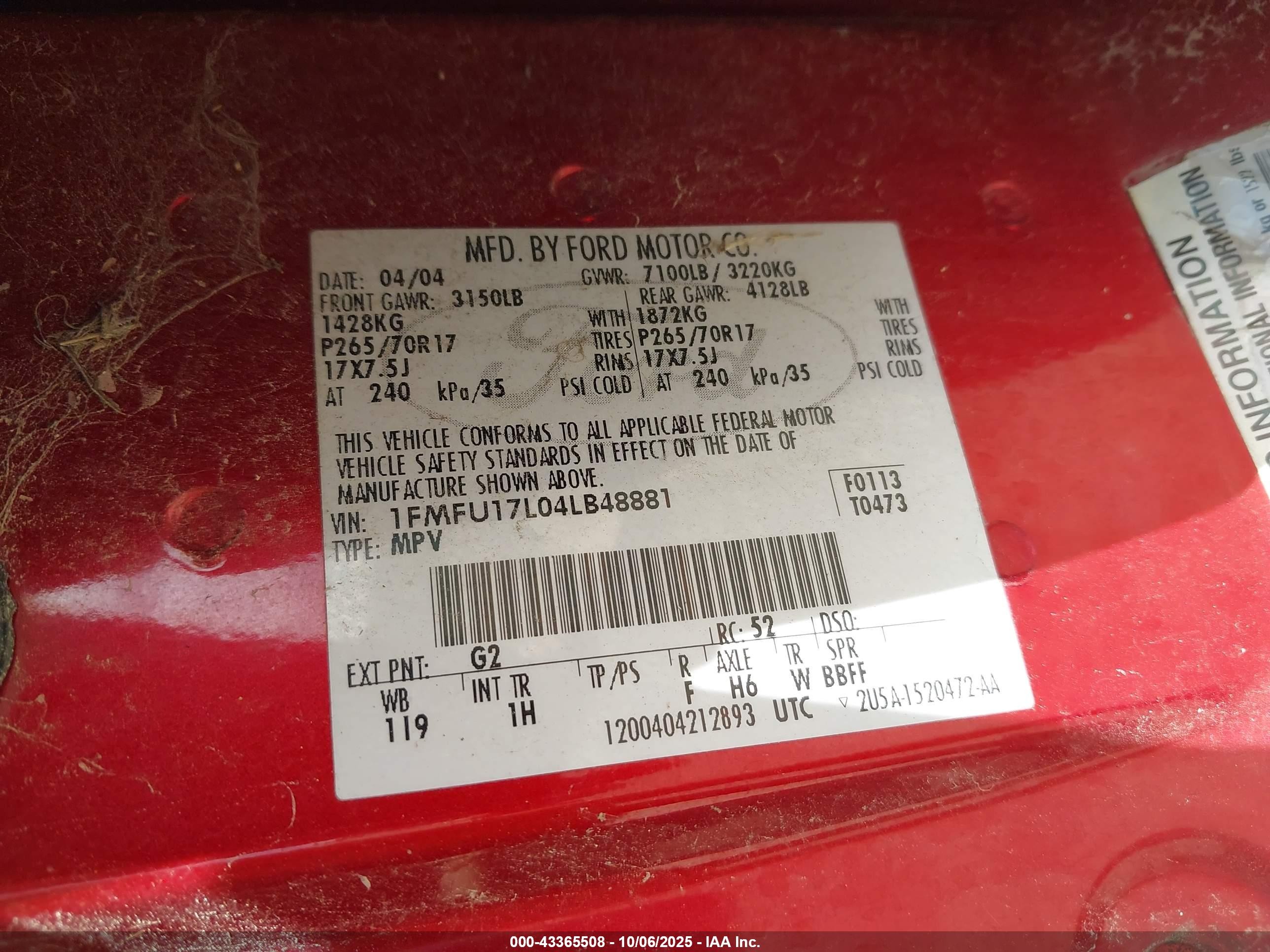 2004 Ford Expedition Eddie Bauer Red vin: 1FMFU17L04LB48881
