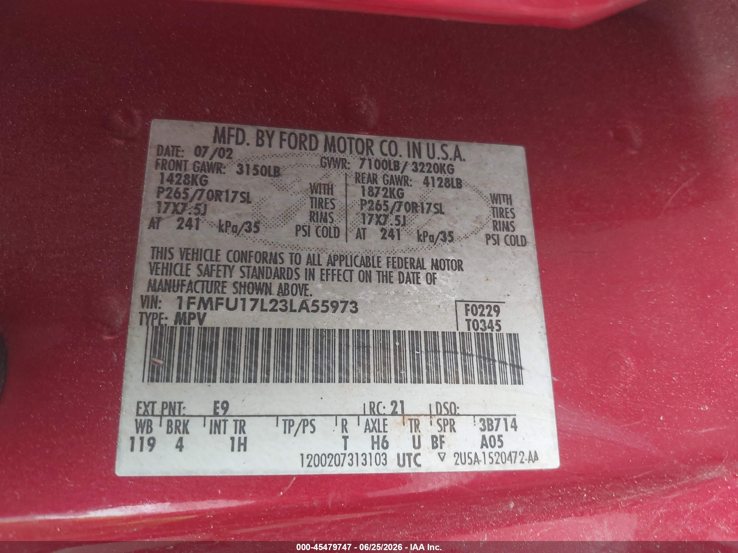 2003 Ford Expedition Eddie Bauer Red vin: 1FMFU17L23LA55973