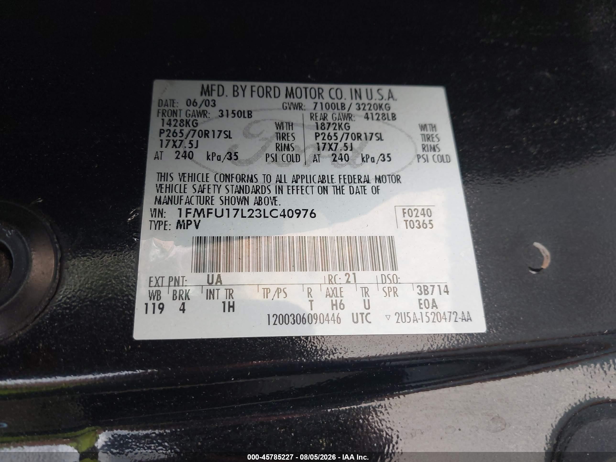 2003 Ford Expedition Eddie Bauer Black vin: 1FMFU17L23LC40976