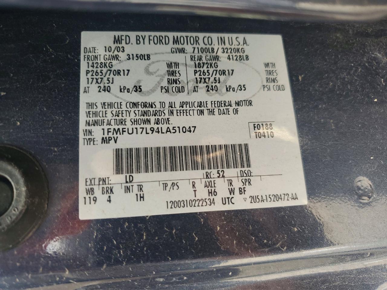 2004 Ford Expedition Eddie Bauer Blue vin: 1FMFU17L94LA51047