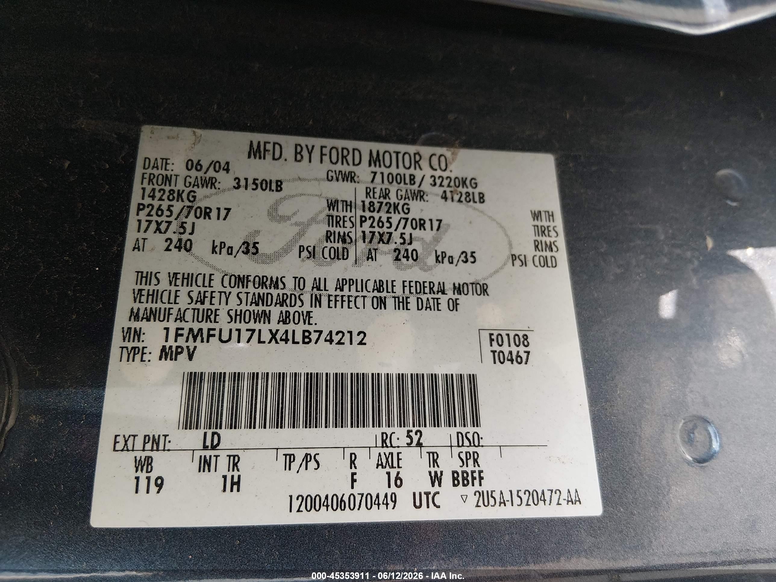 2004 Ford Expedition Eddie Bauer Blue vin: 1FMFU17LX4LB74212