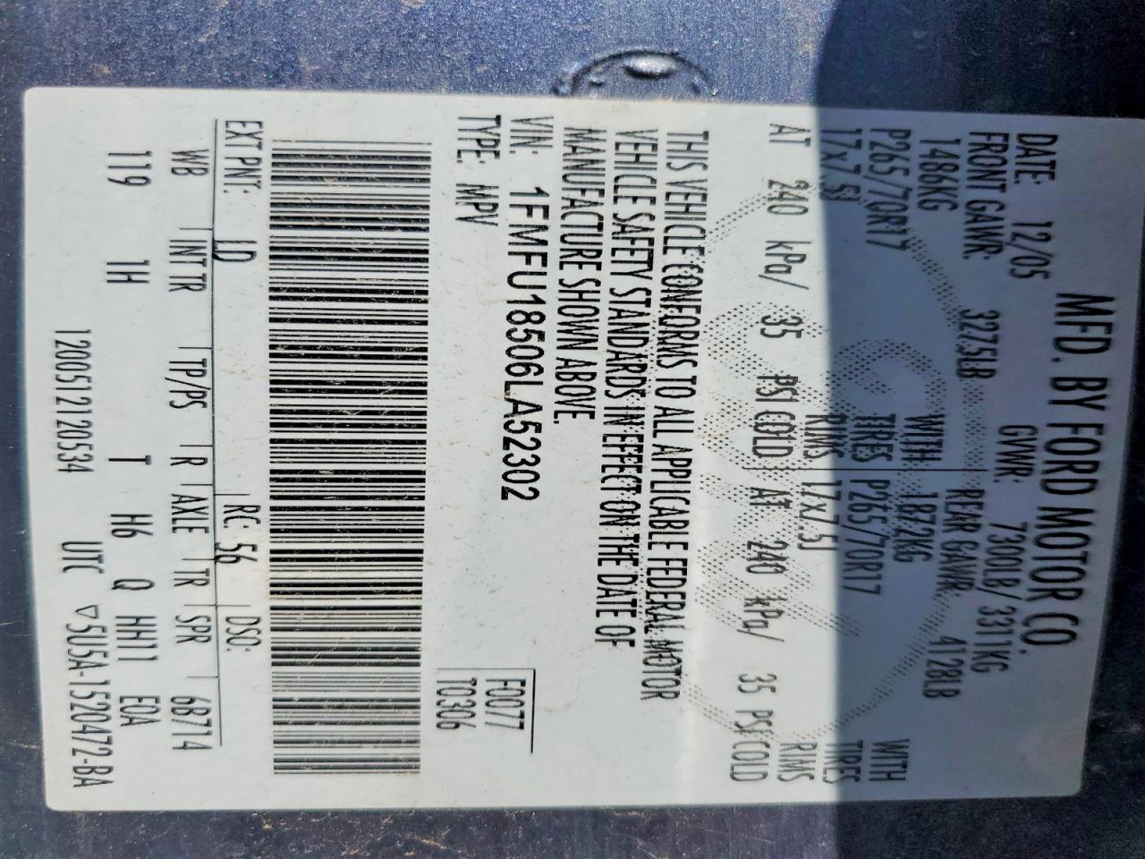 2006 Ford Expedition Eddie Bauer Blue vin: 1FMFU18506LA52302