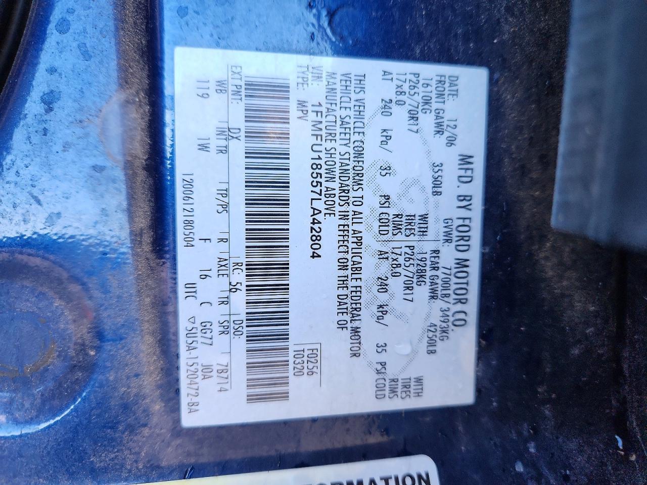 2007 Ford Expedition Eddie Bauer Blue vin: 1FMFU18557LA42804
