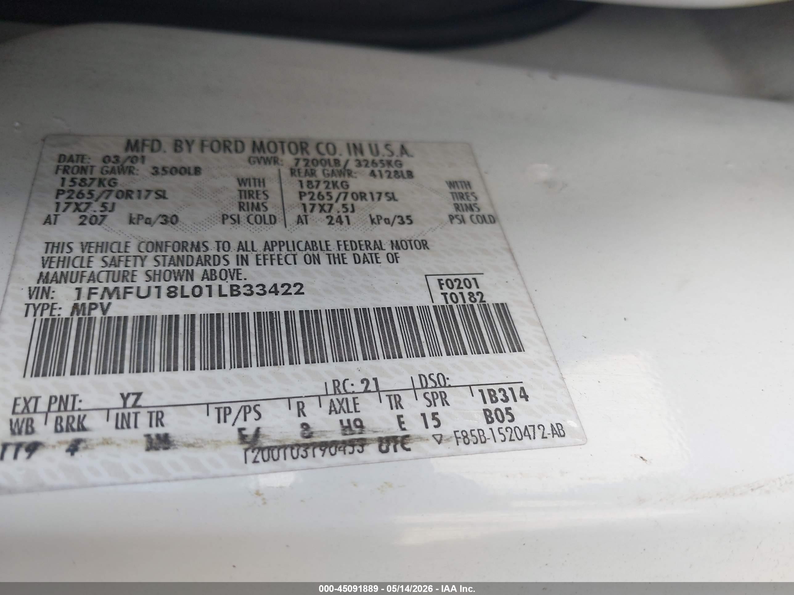 2001 Ford Expedition Eddie Bauer White vin: 1FMFU18L01LB33422