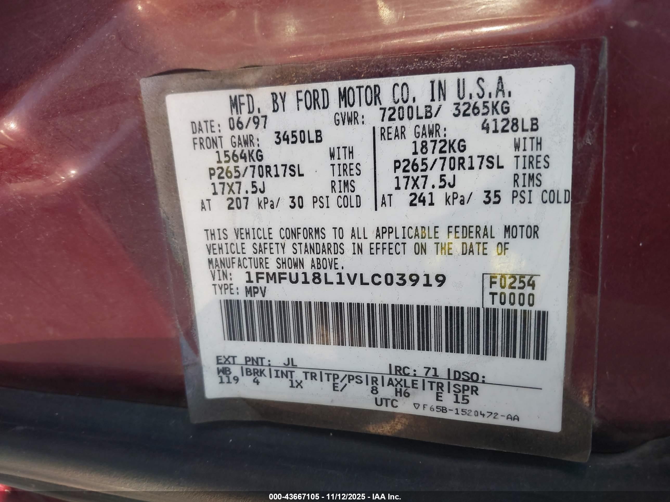 1997 Ford Expedition Eddie Bauer/xlt Бордовый vin: 1FMFU18L1VLC03919