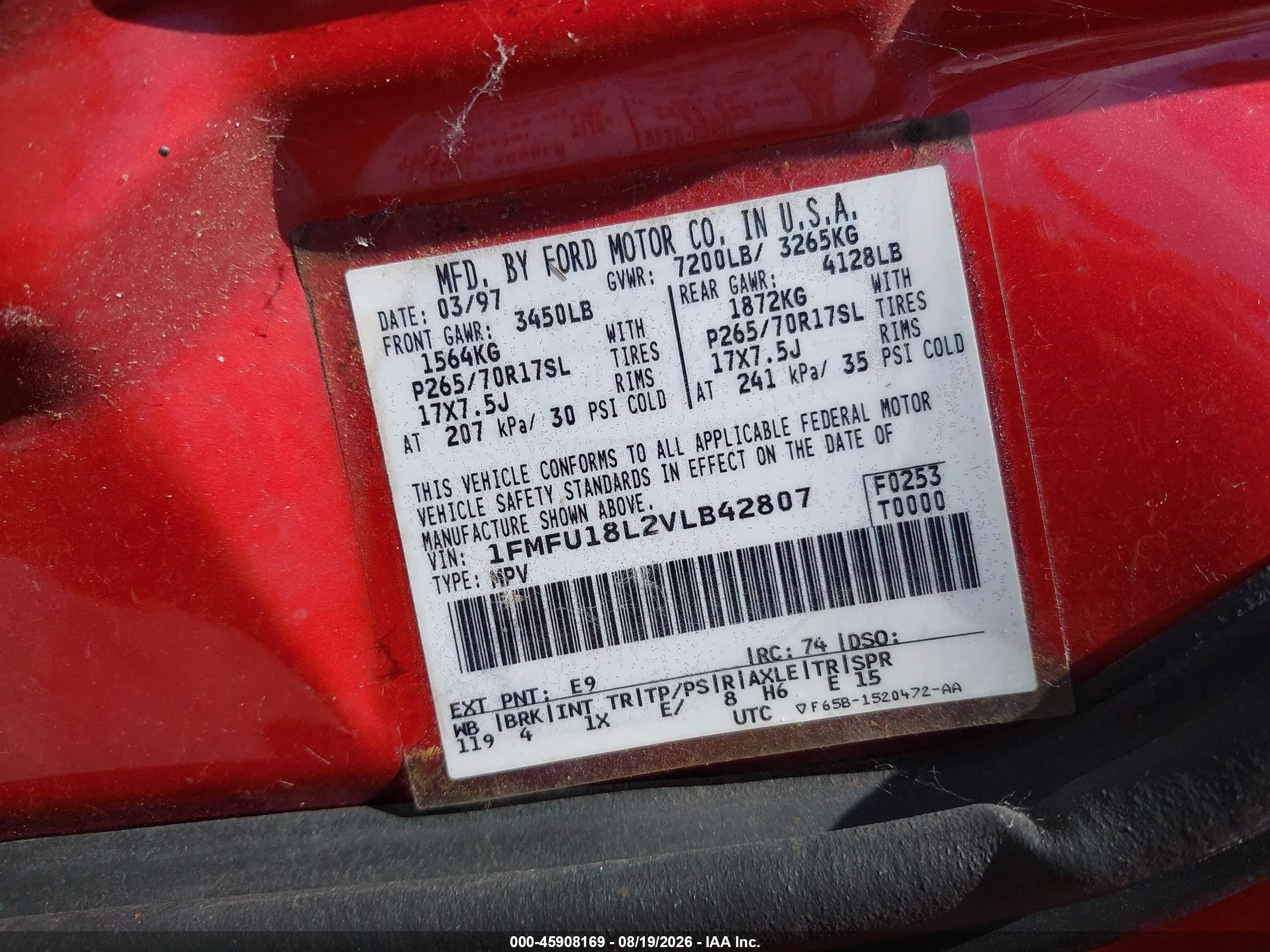 1997 Ford Expedition Eddie Bauer/xlt Red vin: 1FMFU18L2VLB42807