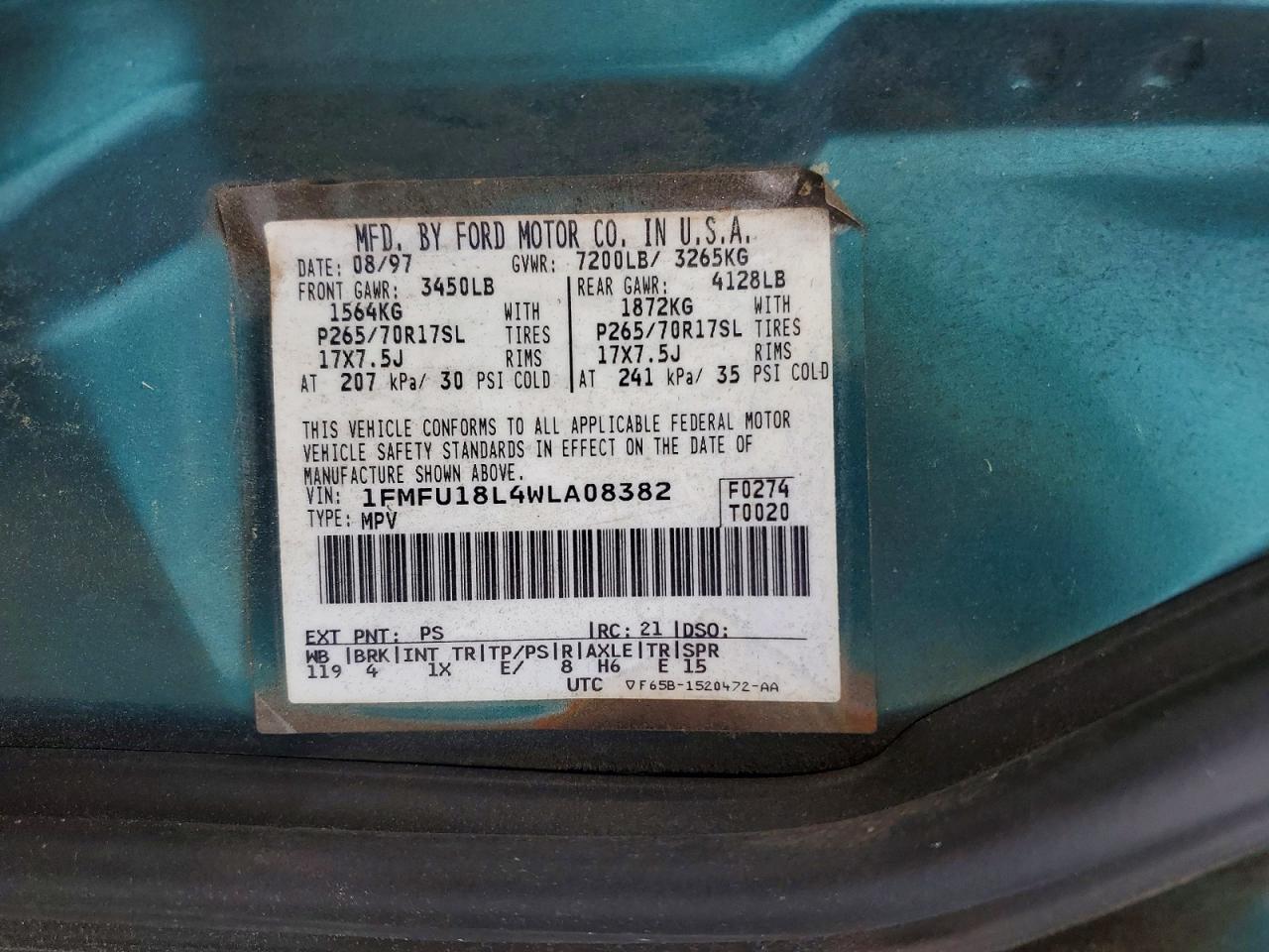 1998 Ford Expedition Teal vin: 1FMFU18L4WLA08382