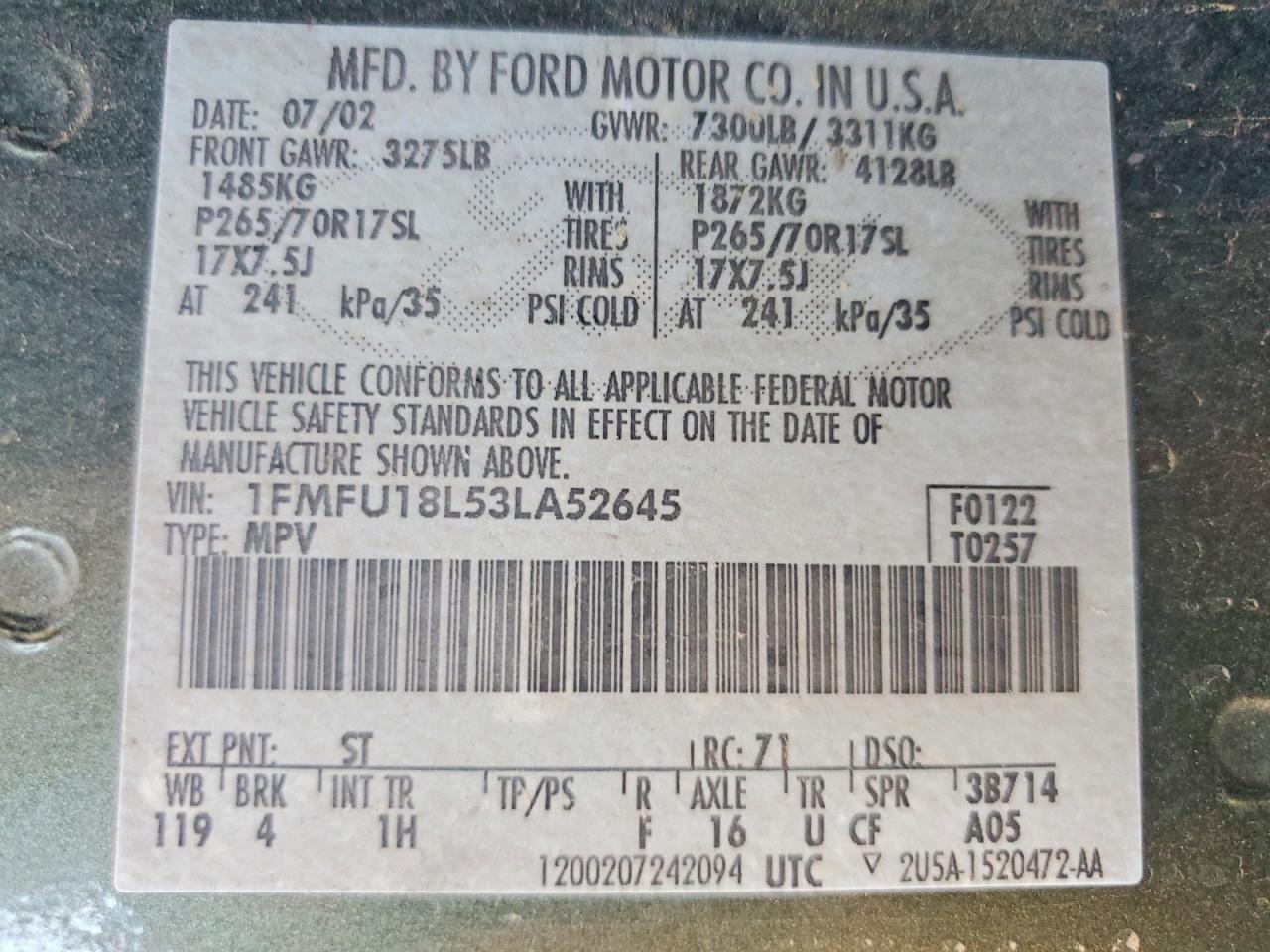2003 Ford Expedition Eddie Bauer Green vin: 1FMFU18L53LA52645