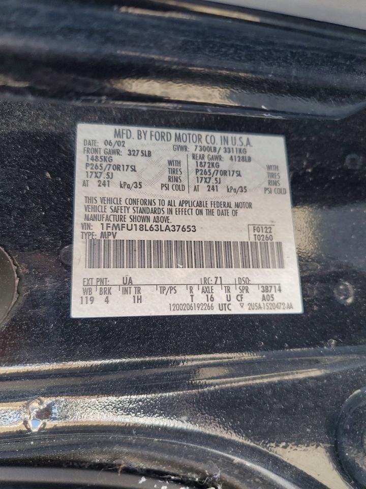 2003 Ford Expedition Eddie Bauer Black vin: 1FMFU18L63LA37653