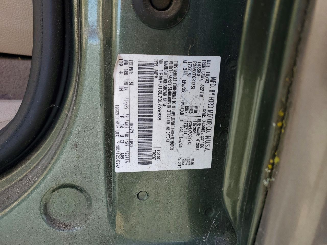 2003 Ford Expedition Eddie Bauer Green vin: 1FMFU18L73LA96985
