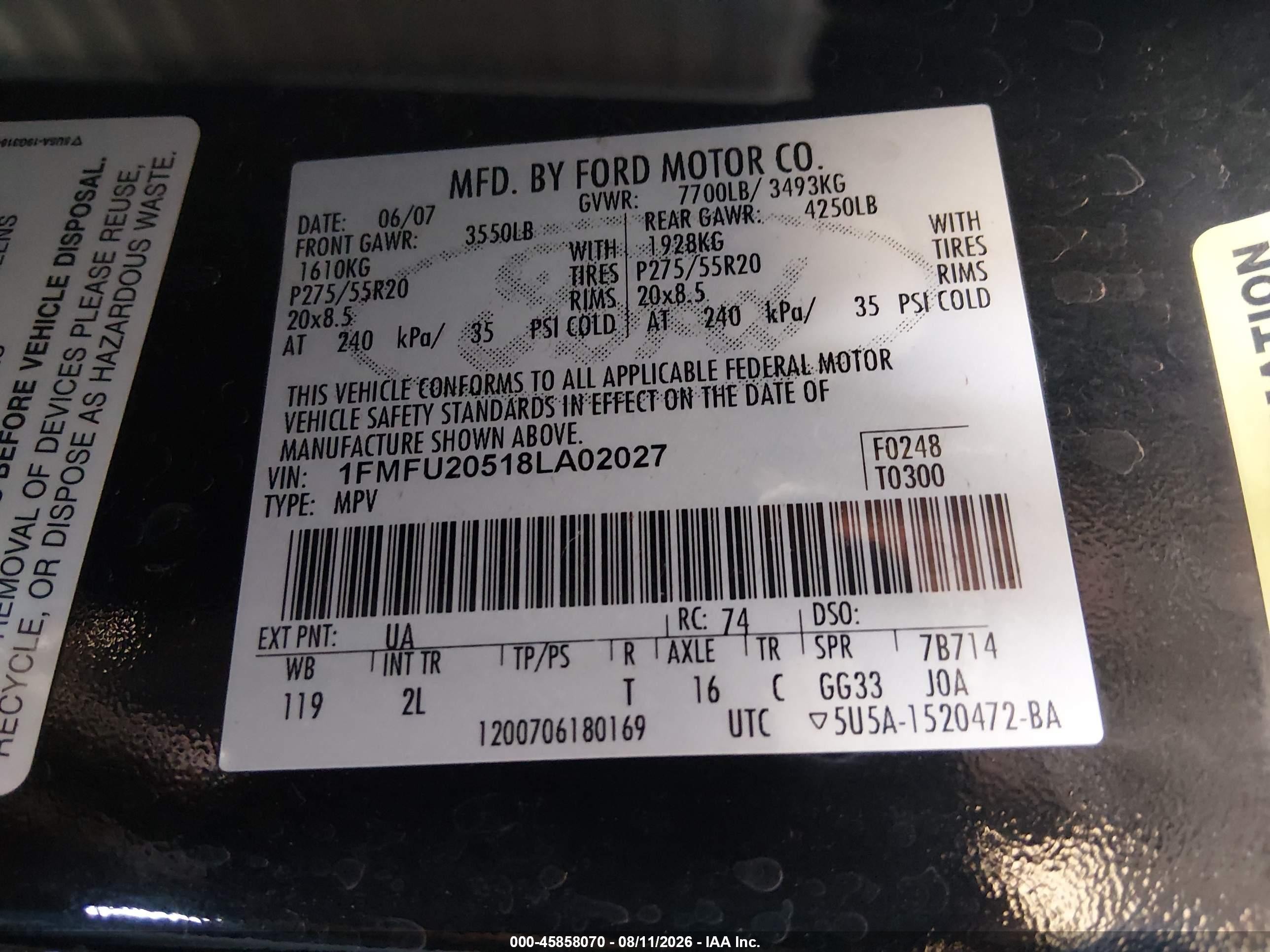 2008 Ford Expedition Limited Black vin: 1FMFU20518LA02027