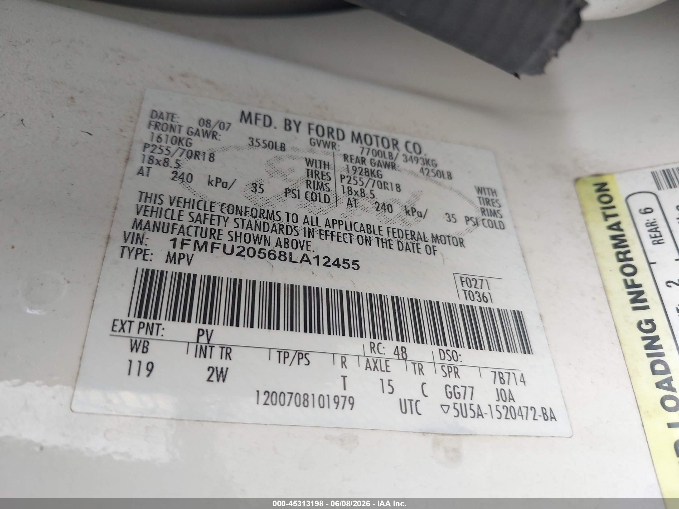 2008 Ford Expedition Limited Белый vin: 1FMFU20568LA12455