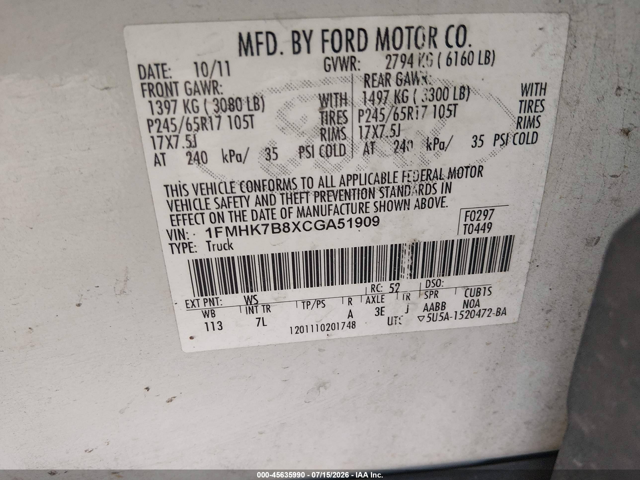 2012 Ford Explorer   White vin: 1FMHK7B8XCGA51909