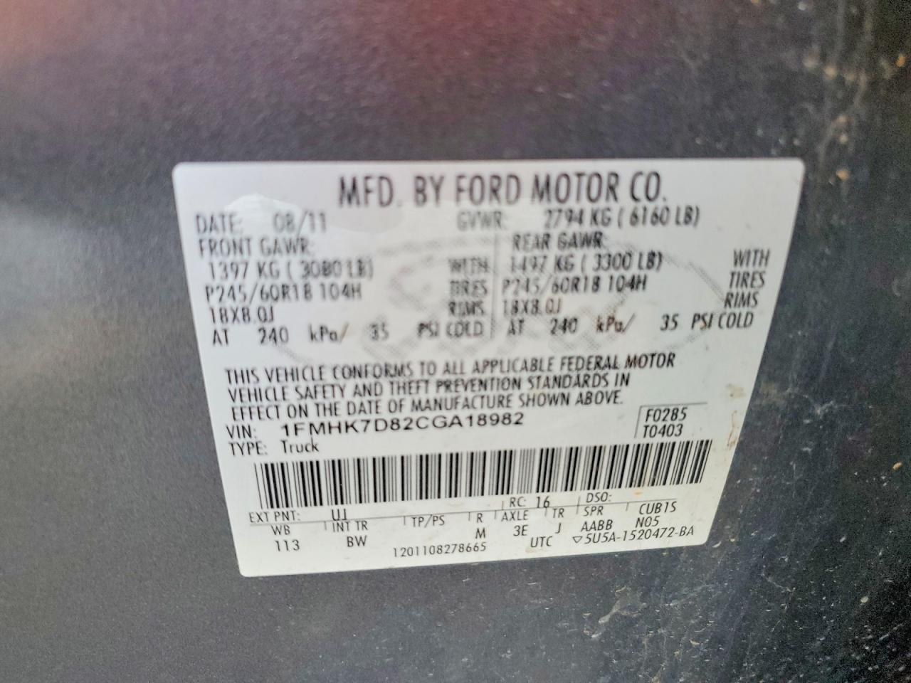 2012 Ford Explorer Xlt Gray vin: 1FMHK7D82CGA18982