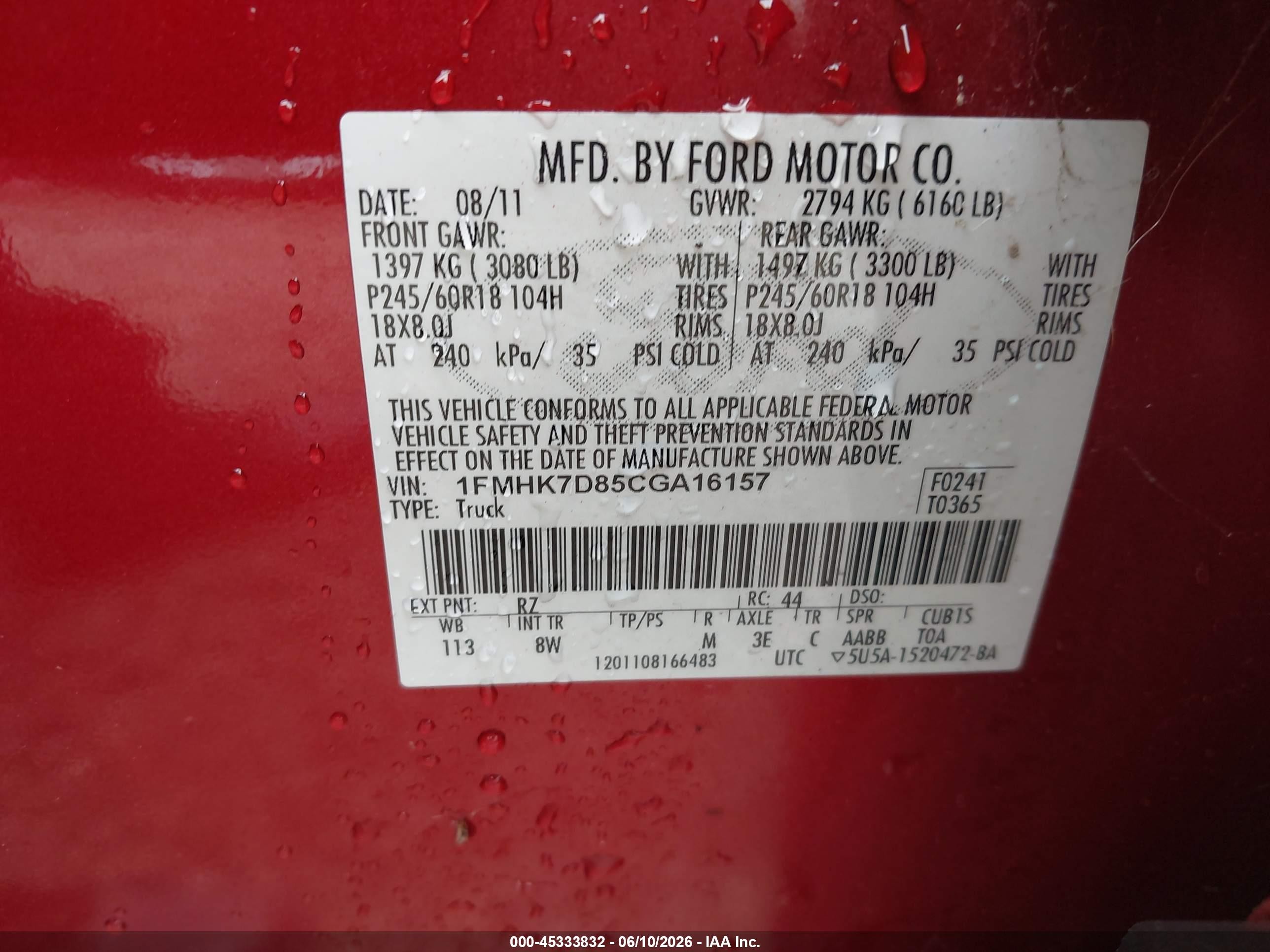 2012 Ford Explorer Xlt Red vin: 1FMHK7D85CGA16157