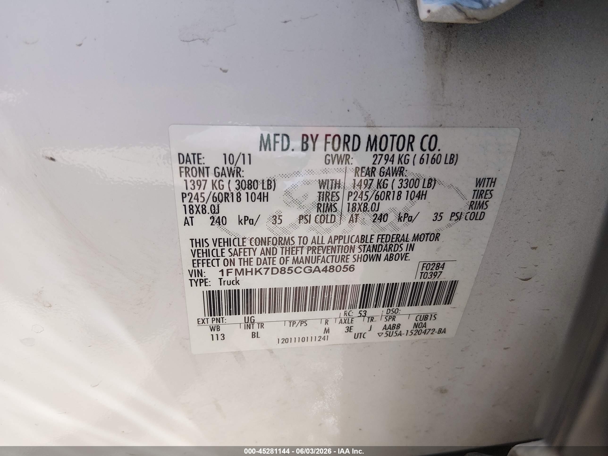 2012 Ford Explorer Xlt White vin: 1FMHK7D85CGA48056