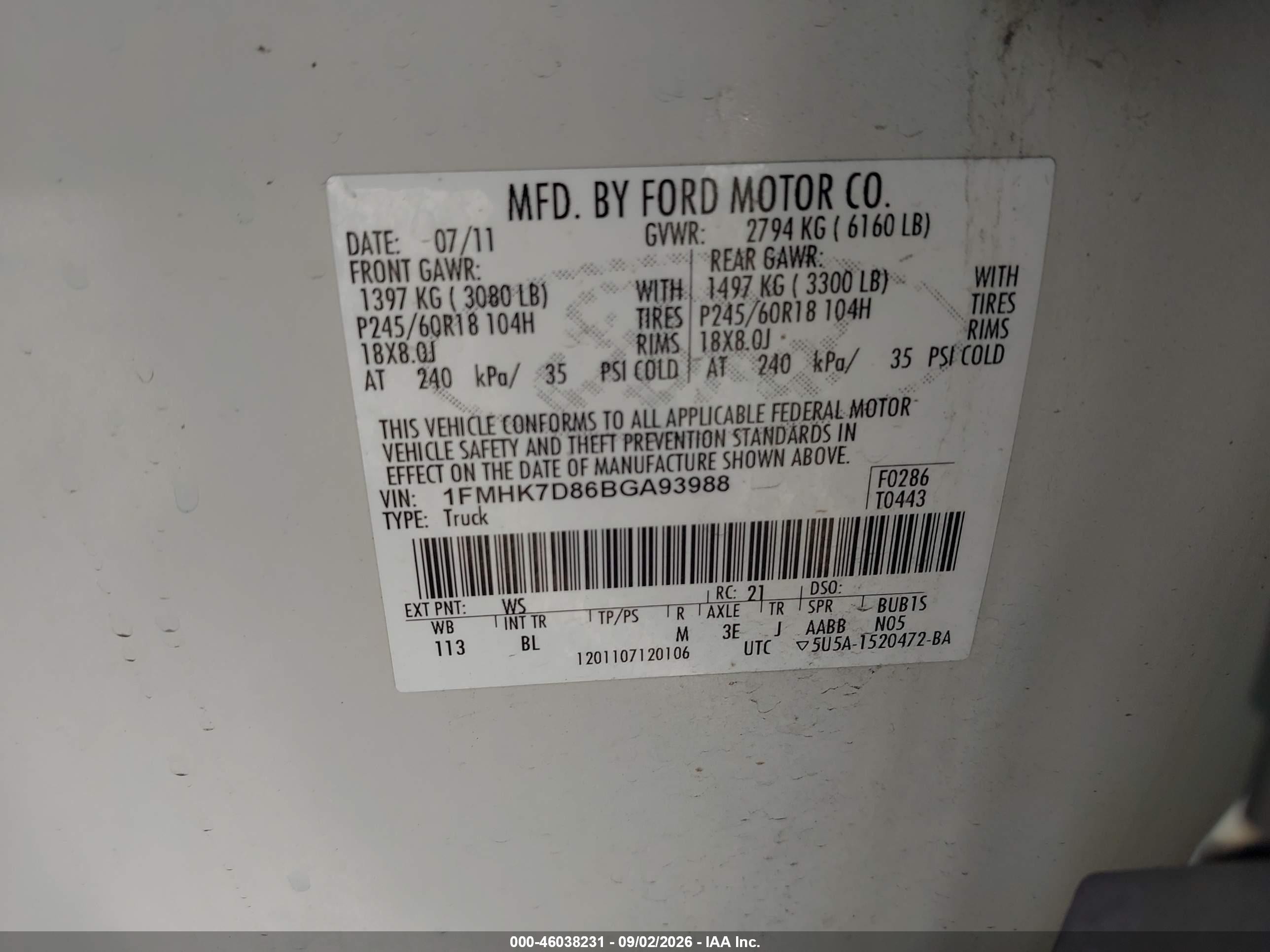 2011 Ford Explorer Xlt White vin: 1FMHK7D86BGA93988