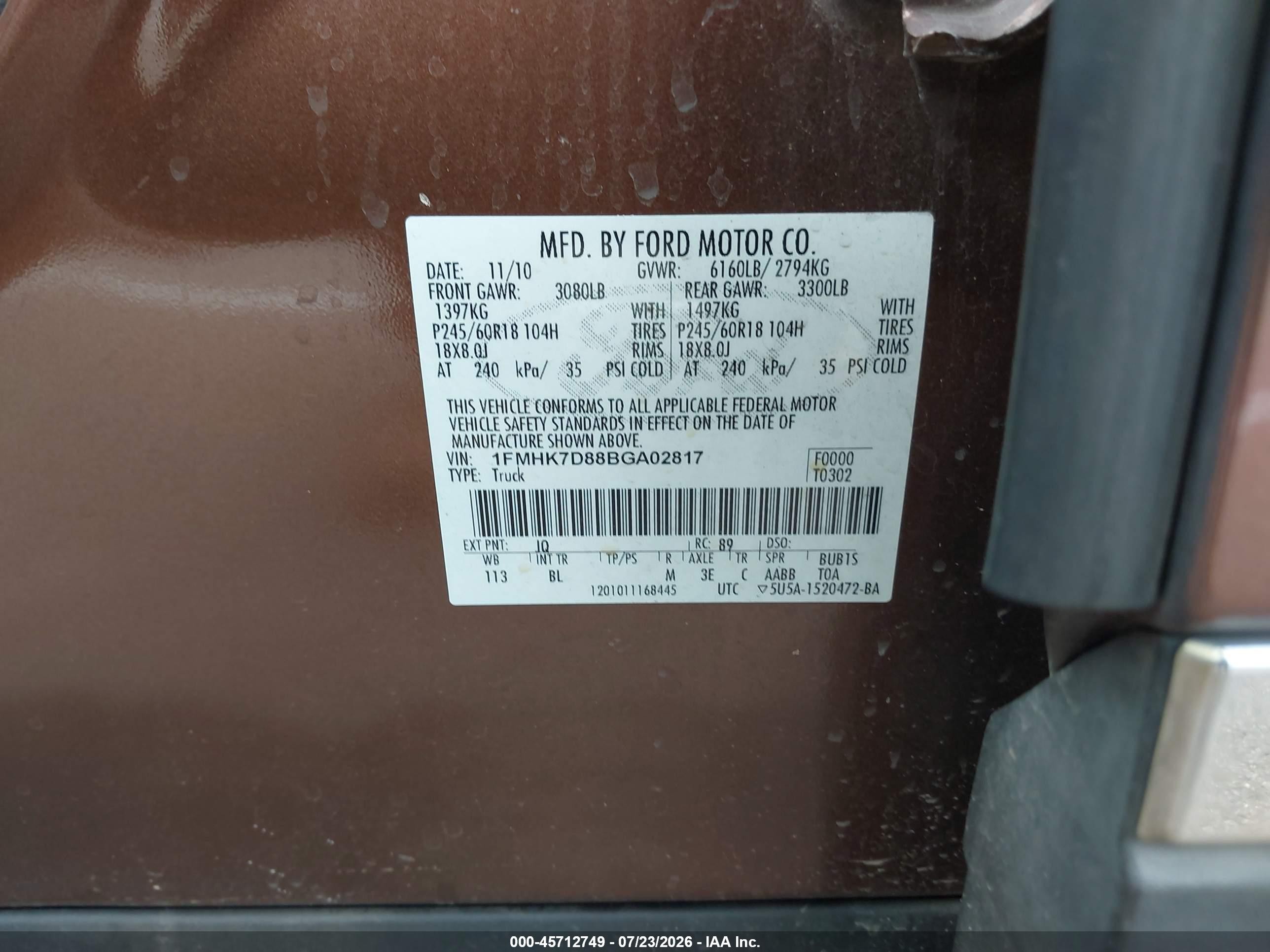 2011 Ford Explorer Xlt Brown vin: 1FMHK7D88BGA02817