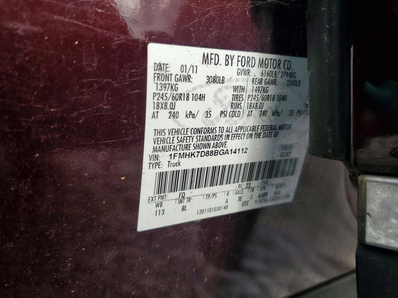 2011 Ford Explorer Xlt Burgundy vin: 1FMHK7D88BGA14112