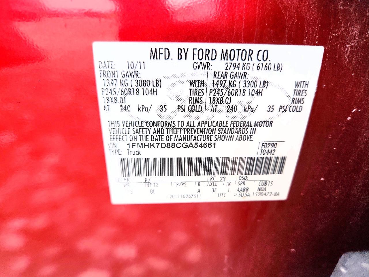2012 Ford Explorer Xlt Red vin: 1FMHK7D88CGA54661