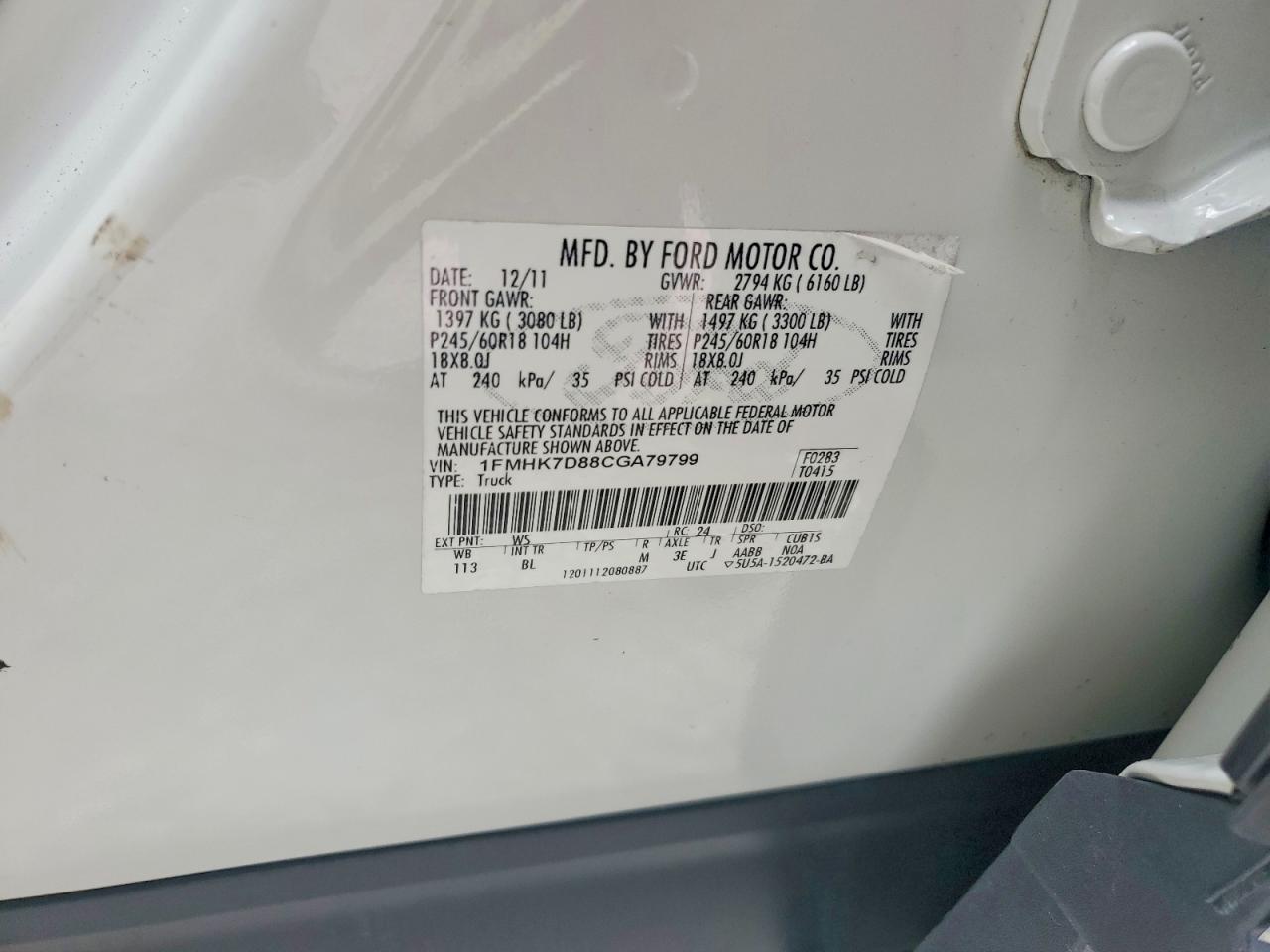 2012 Ford Explorer Xlt White vin: 1FMHK7D88CGA79799