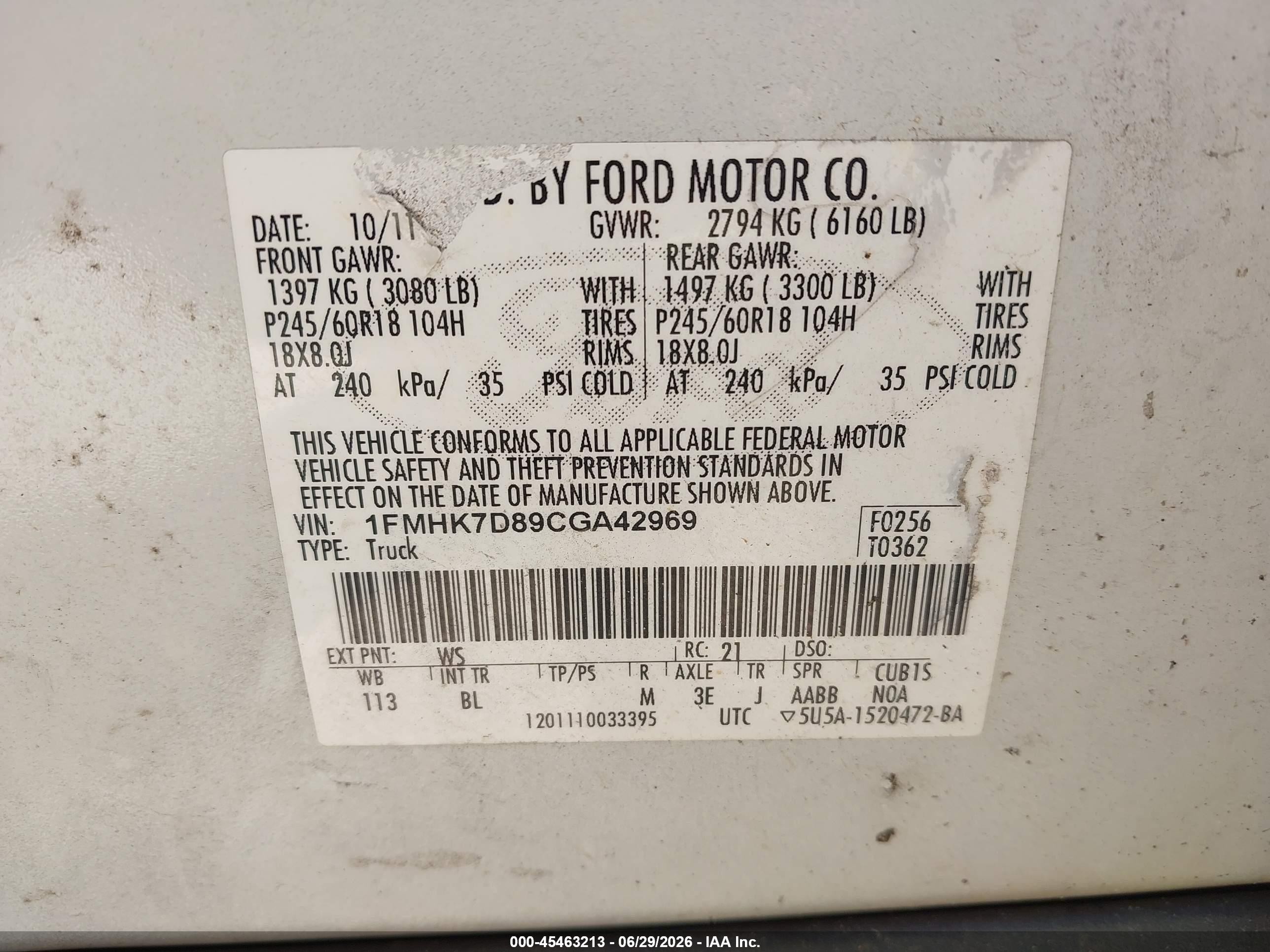 2012 Ford Explorer Xlt White vin: 1FMHK7D89CGA42969