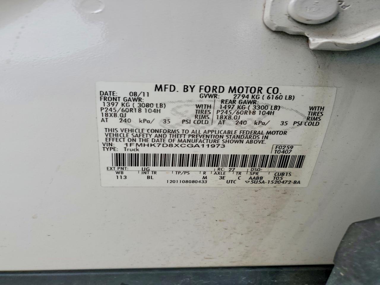 2012 Ford Explorer Xlt White vin: 1FMHK7D8XCGA11973