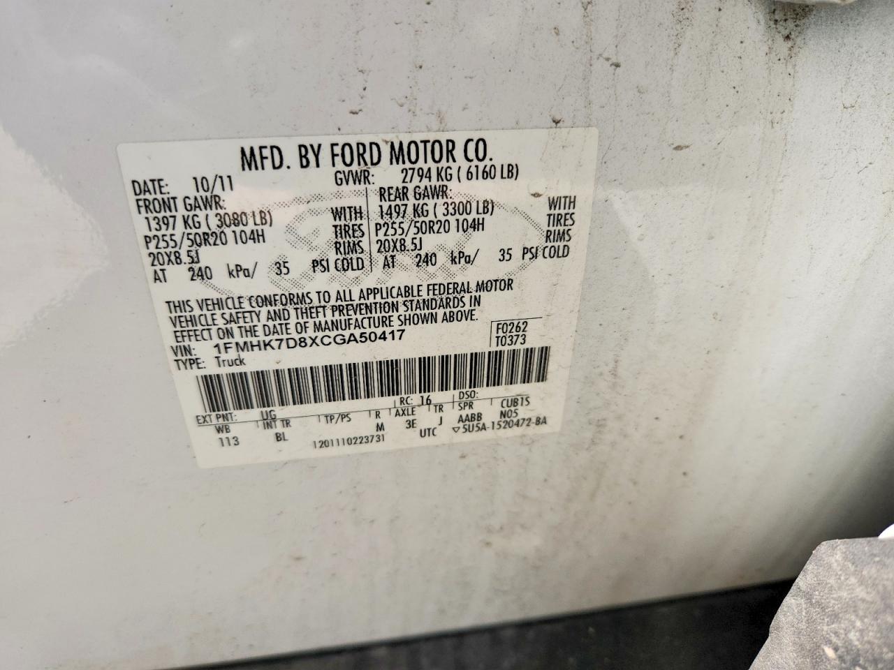 2012 Ford Explorer Xlt White vin: 1FMHK7D8XCGA50417