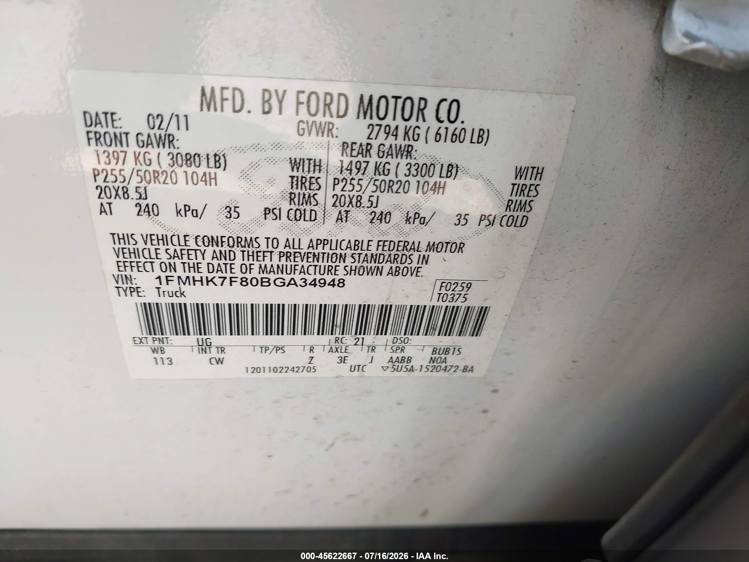 2011 Ford Explorer Limited White vin: 1FMHK7F80BGA34948