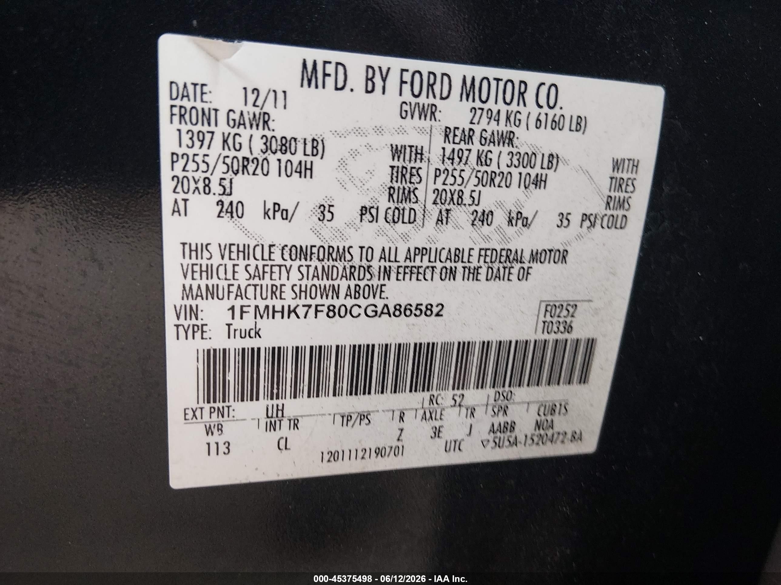 2012 Ford Explorer Limited Black vin: 1FMHK7F80CGA86582