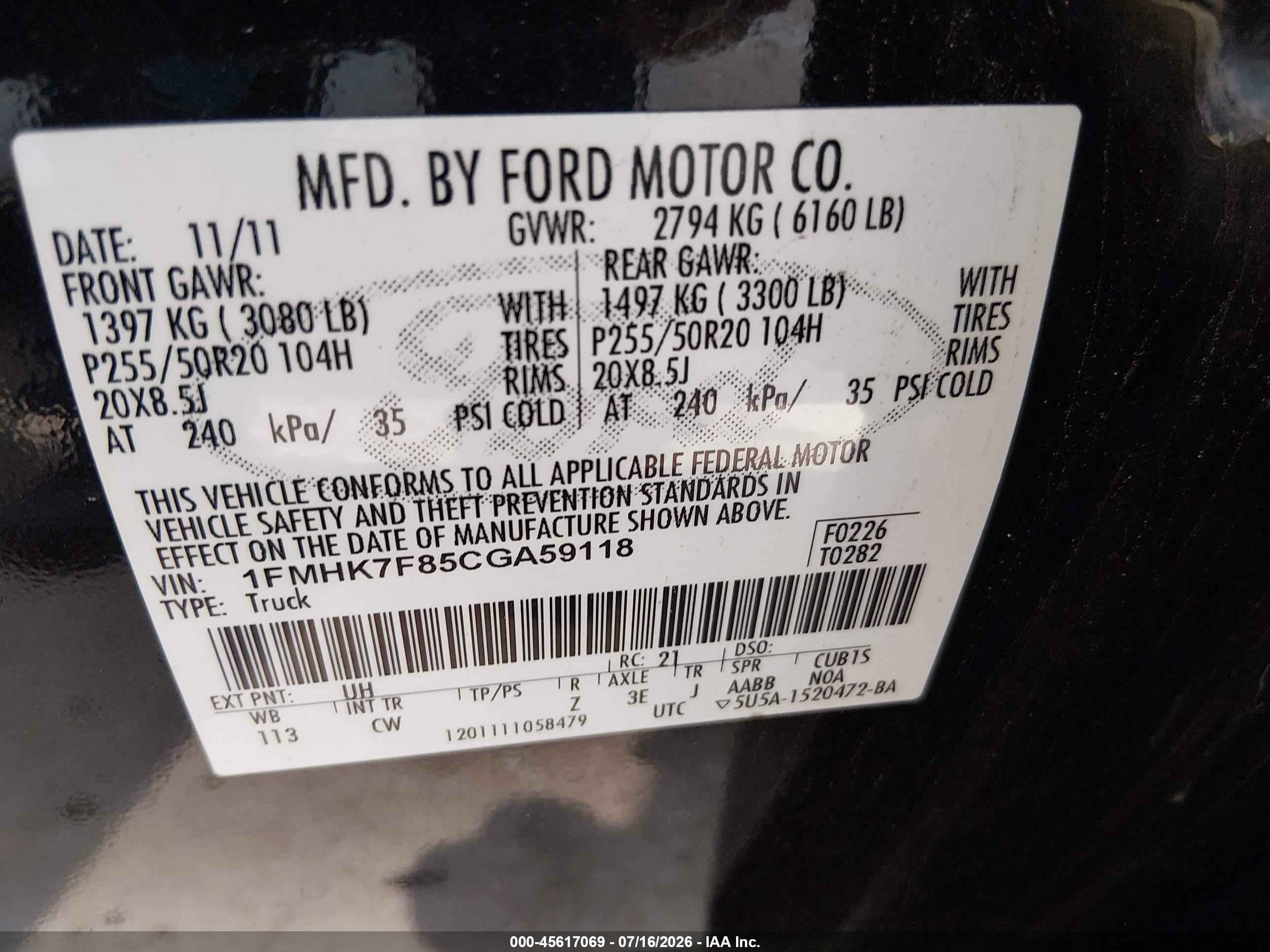2012 Ford Explorer Limited Black vin: 1FMHK7F85CGA59118