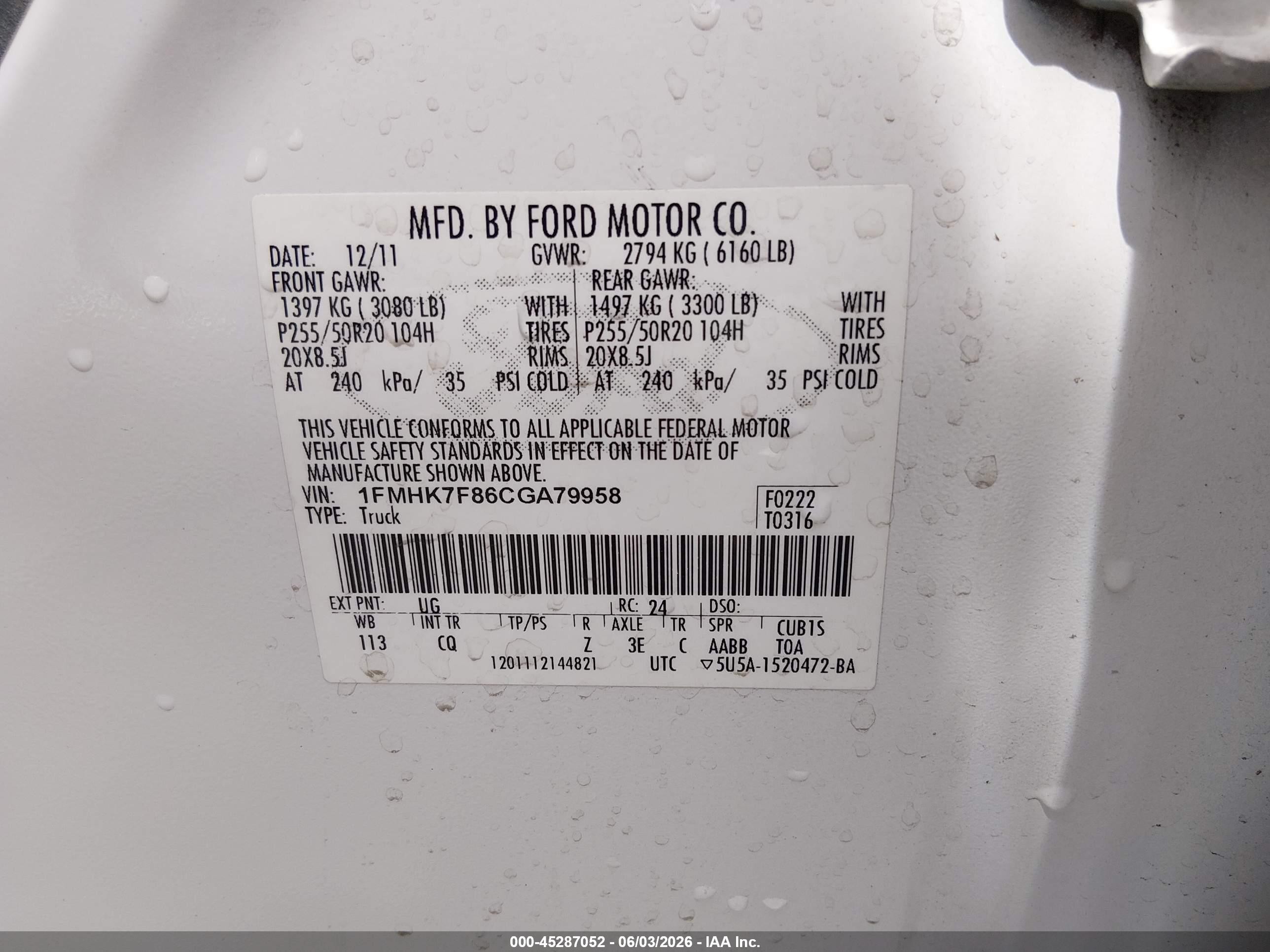 2012 Ford Explorer Limited White vin: 1FMHK7F86CGA79958