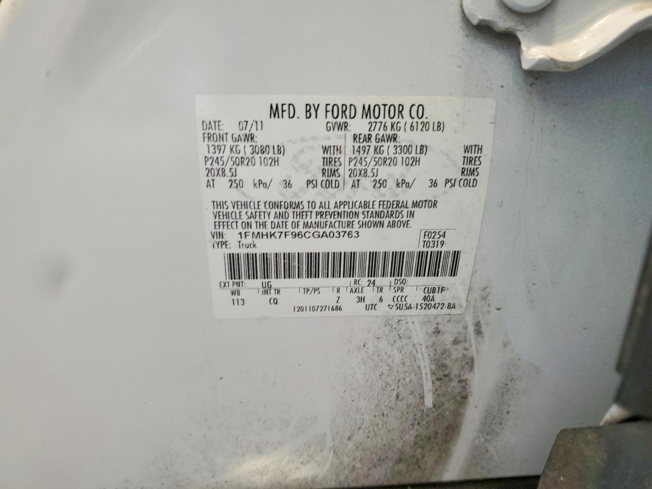 2012 Ford Explorer Limited White vin: 1FMHK7F96CGA03763