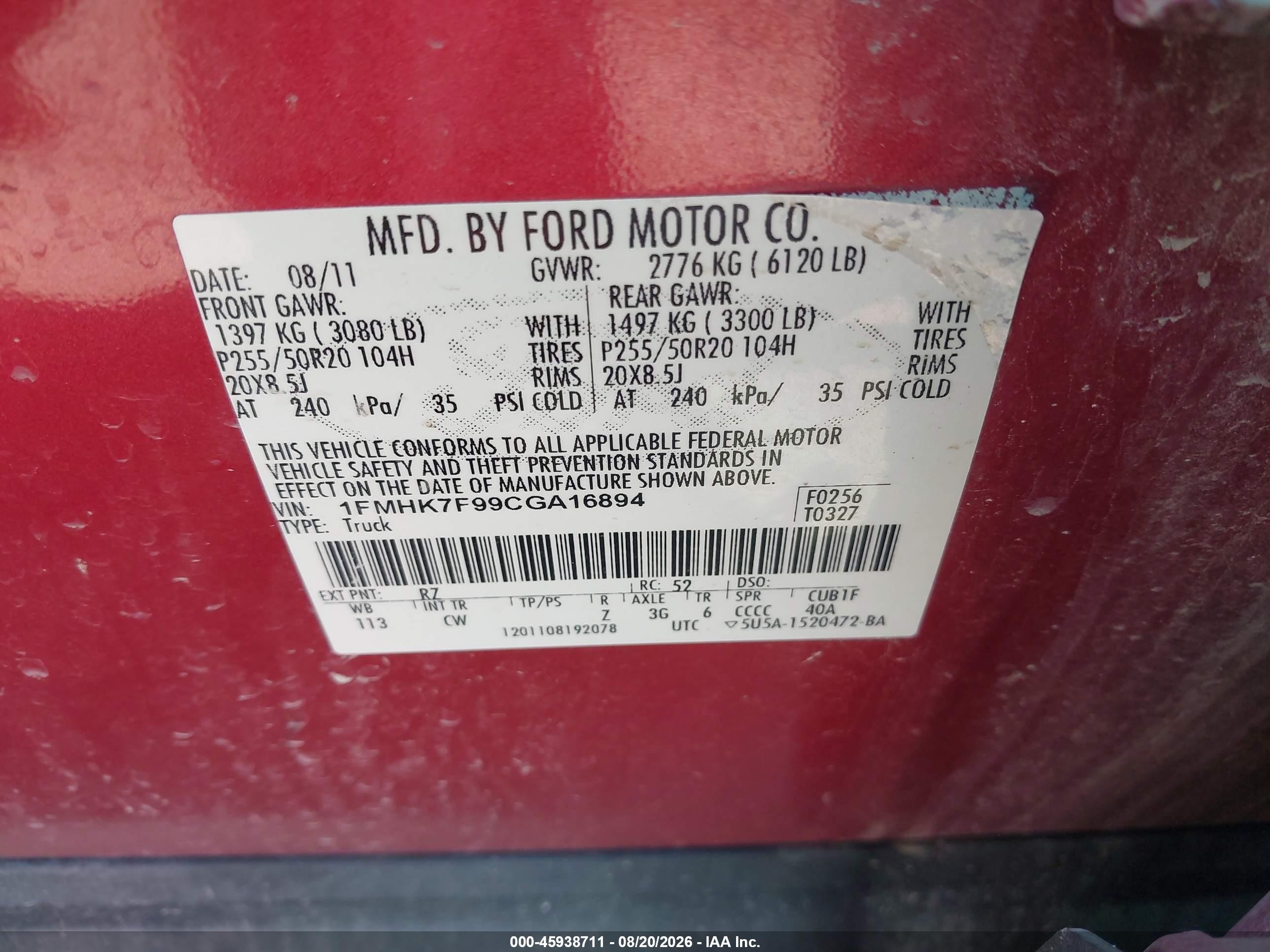 2012 Ford Explorer Limited Red vin: 1FMHK7F99CGA16894