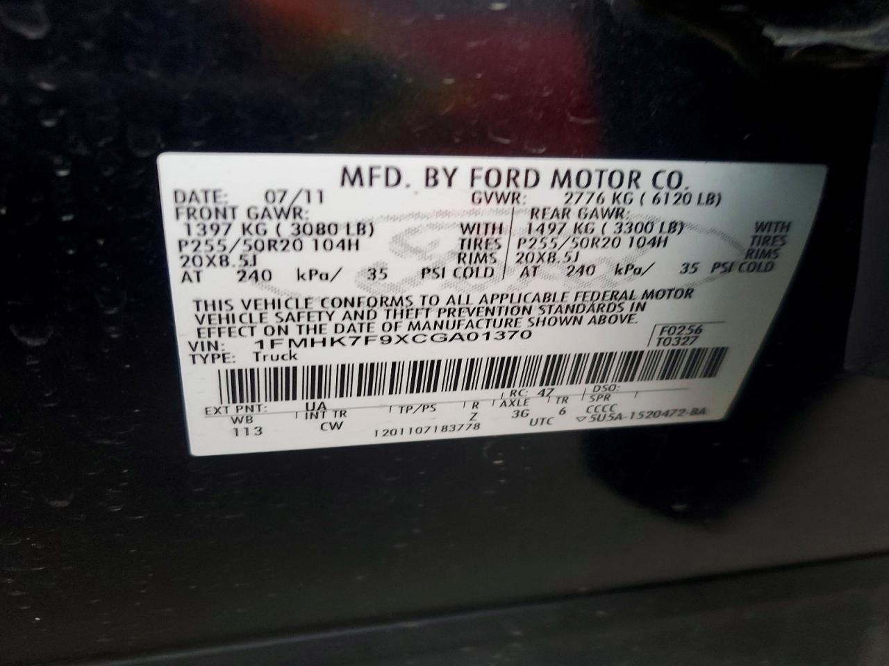 2012 Ford Explorer Limited Black vin: 1FMHK7F9XCGA01370