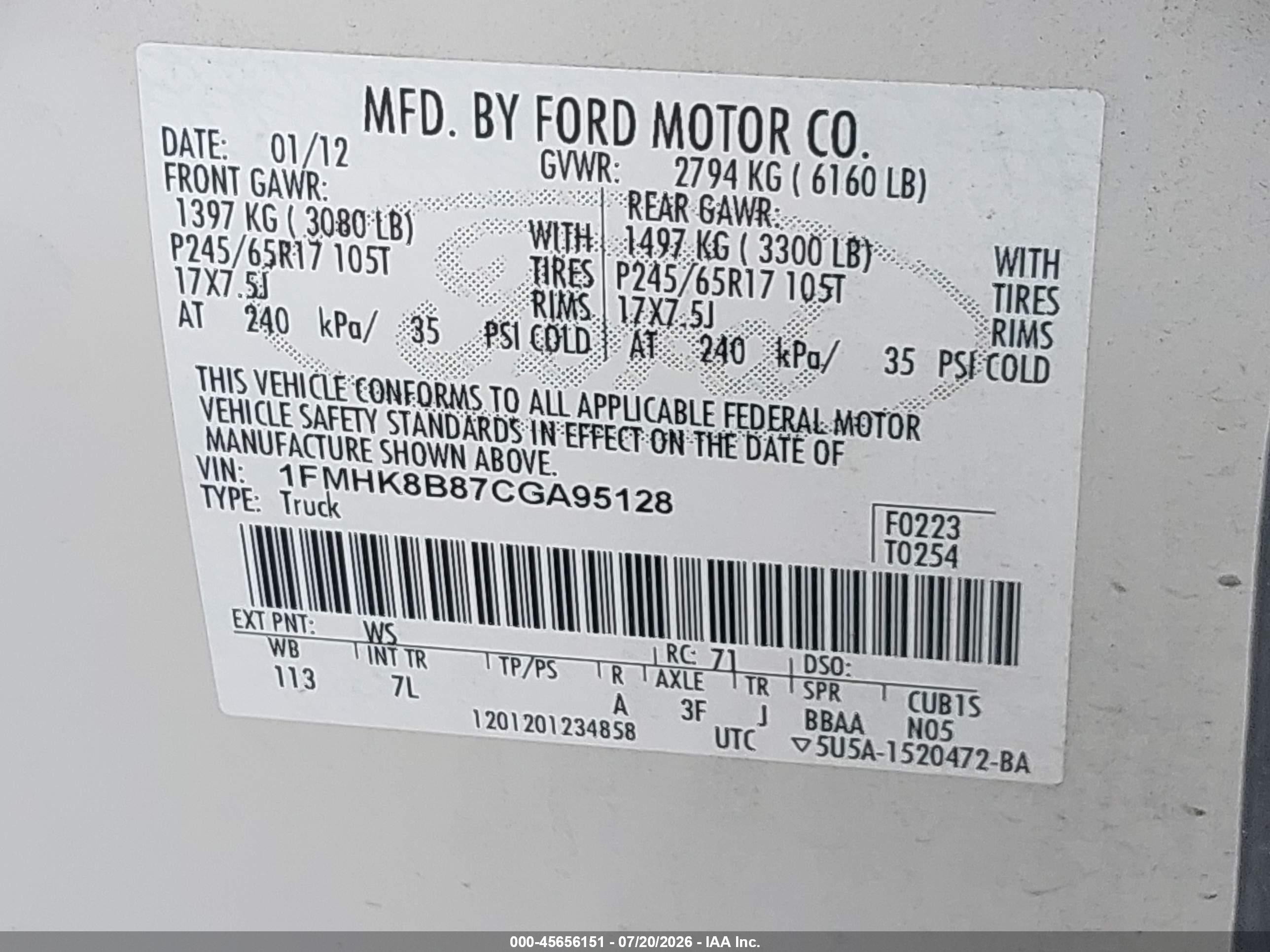 2012 Ford Explorer   White vin: 1FMHK8B87CGA95128