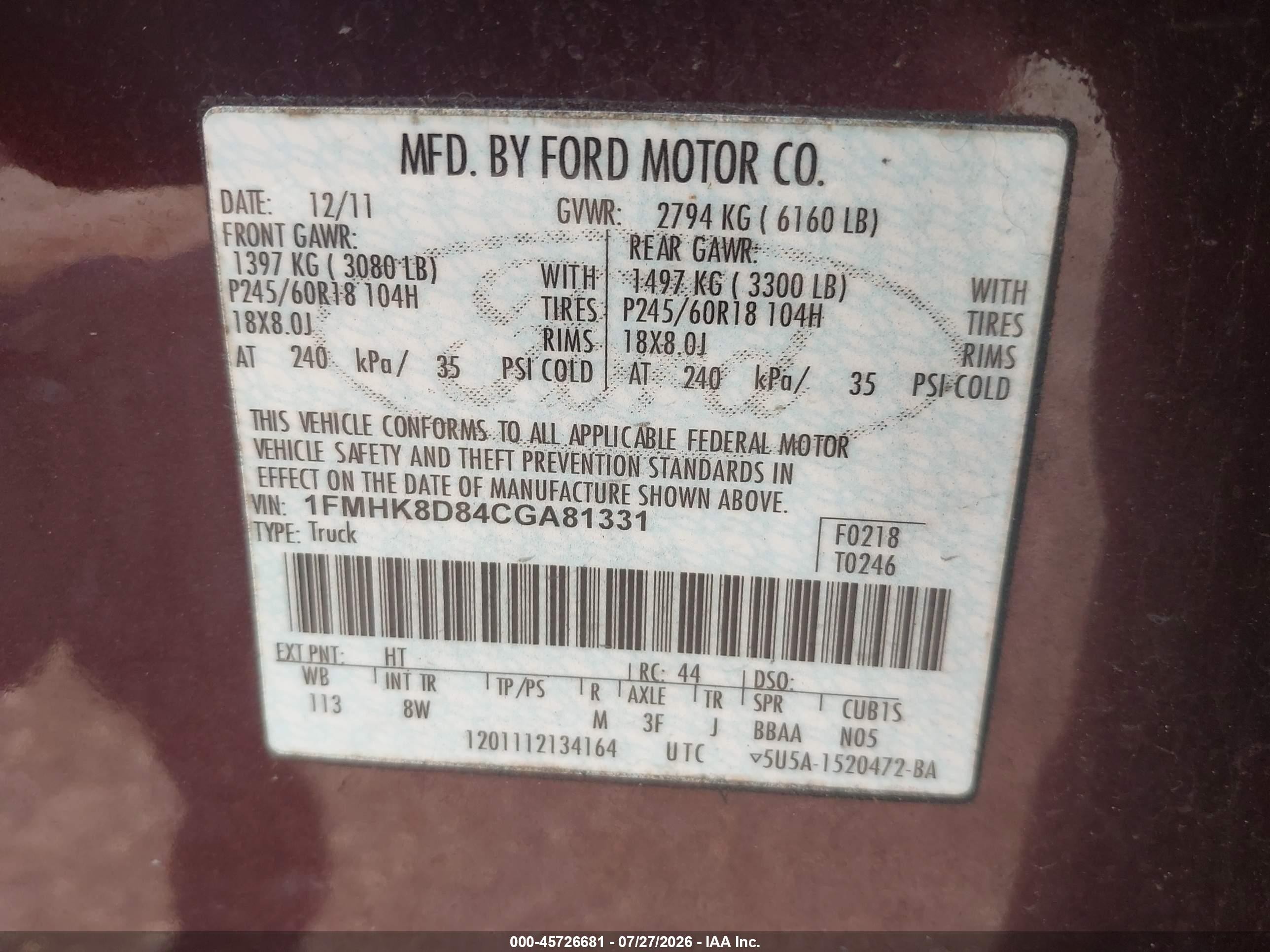 2012 Ford Explorer Xlt Burgundy vin: 1FMHK8D84CGA81331