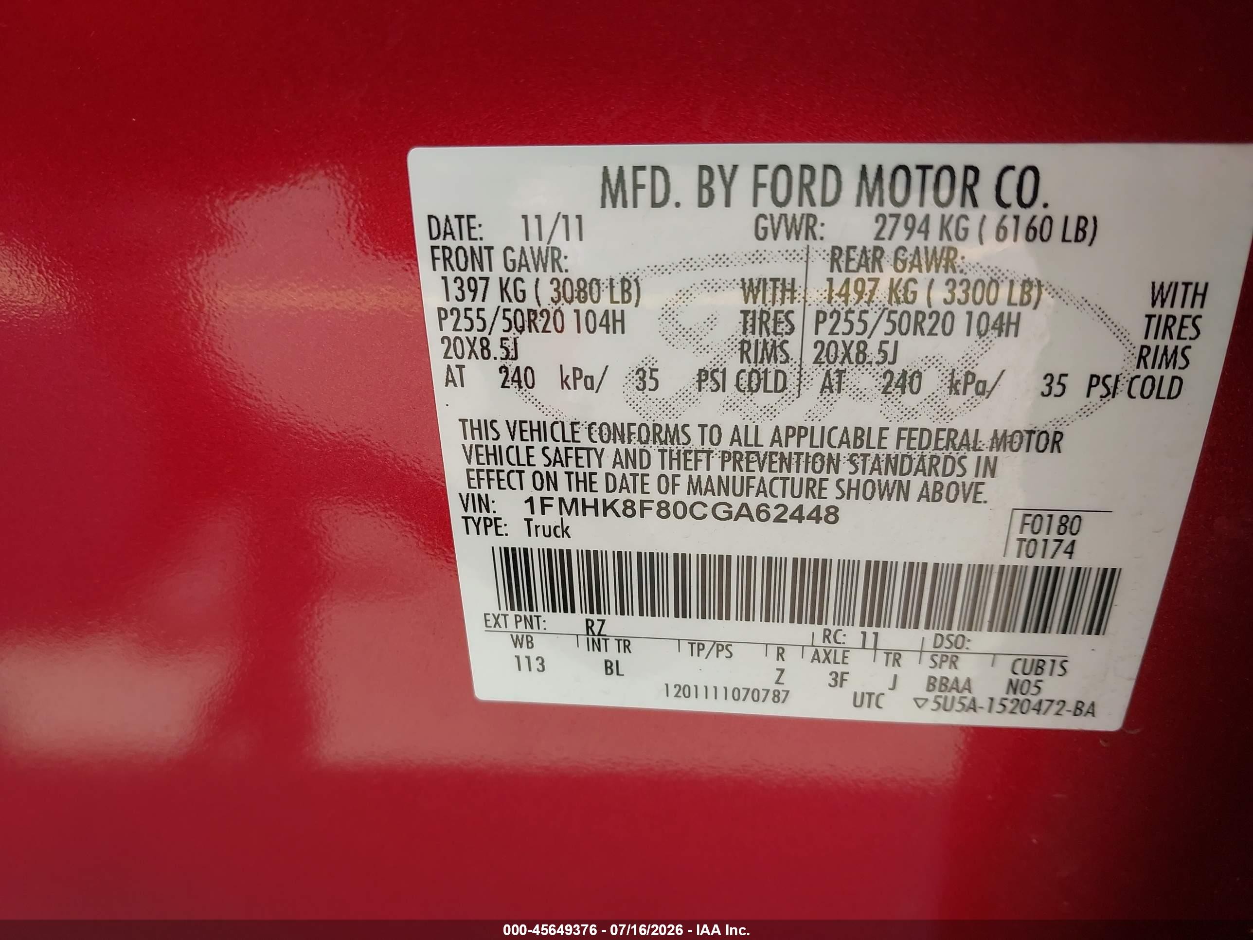 2012 Ford Explorer Limited Red vin: 1FMHK8F80CGA62448