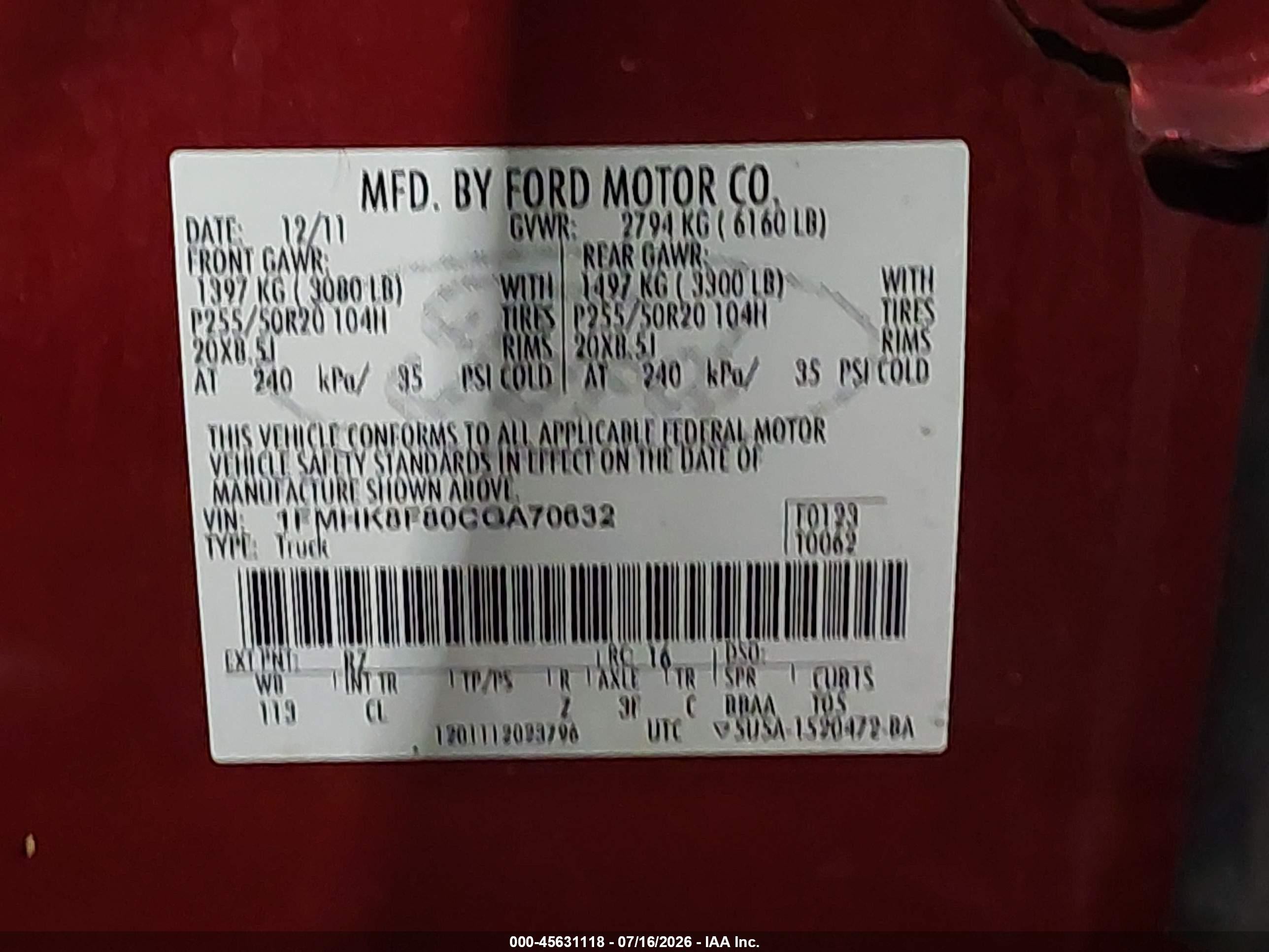 2012 Ford Explorer Limited Red vin: 1FMHK8F80CGA70632